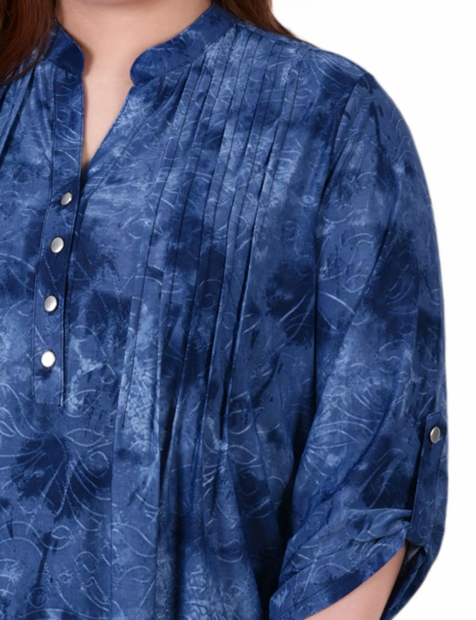 Denim Tie Dye 3/4 Sleeve Roll Tab Y Neck Top - Plus - Image 3