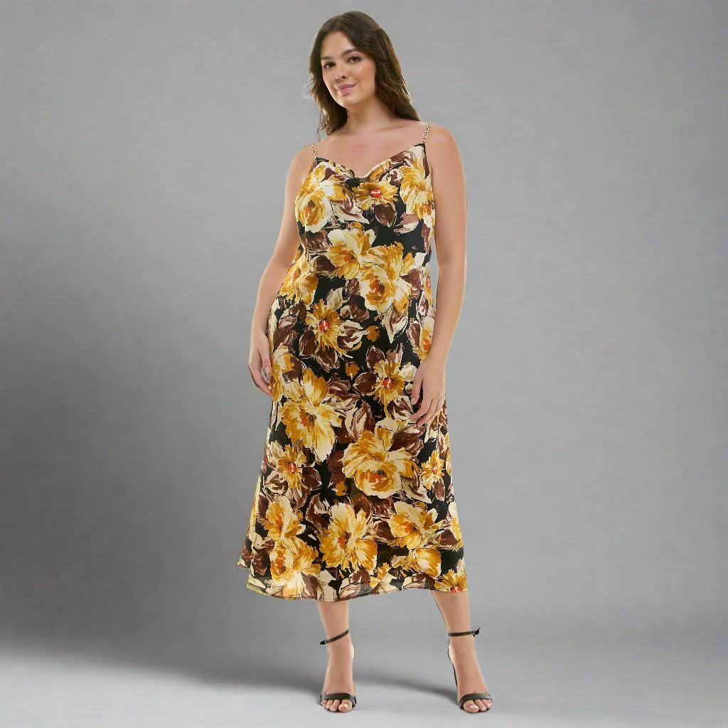 Detachable Chain Trim Strap Cowl Neck Dress, Gold/Olive/Ivory - Plus - Image 5