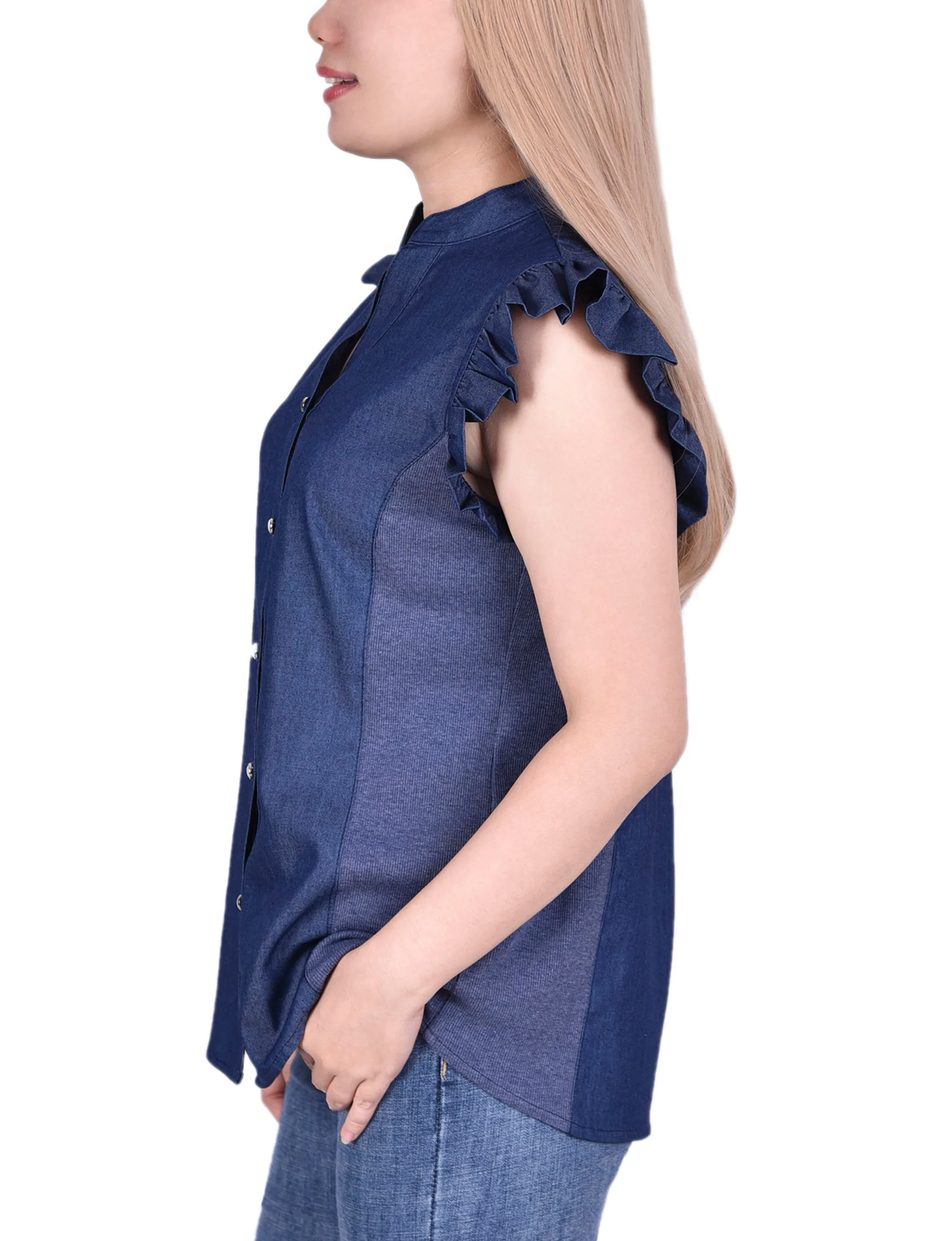 Dk Wash Ruffle Sleeve Blouse With Knit Side Seam Insets - Petite - Image 2