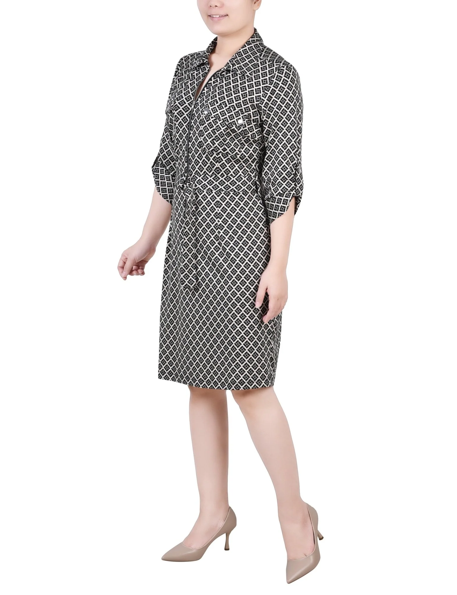 Doeskin Black Allie Belted Roll Tab Zip Front Shirtdress - Petite - Image 2