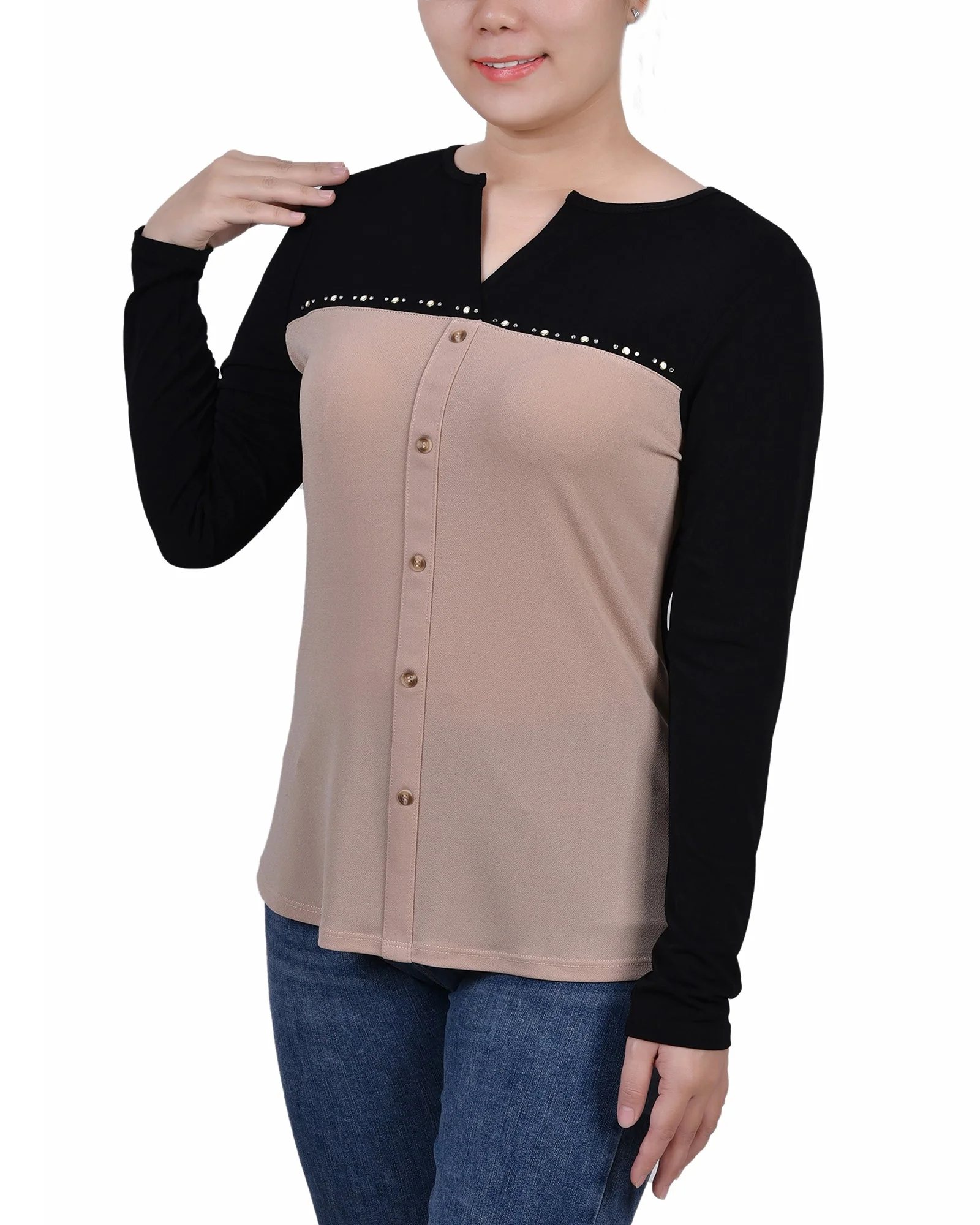 Doeskin Long Sleeve Studded Colorblocked Split Neck Top - Image 2