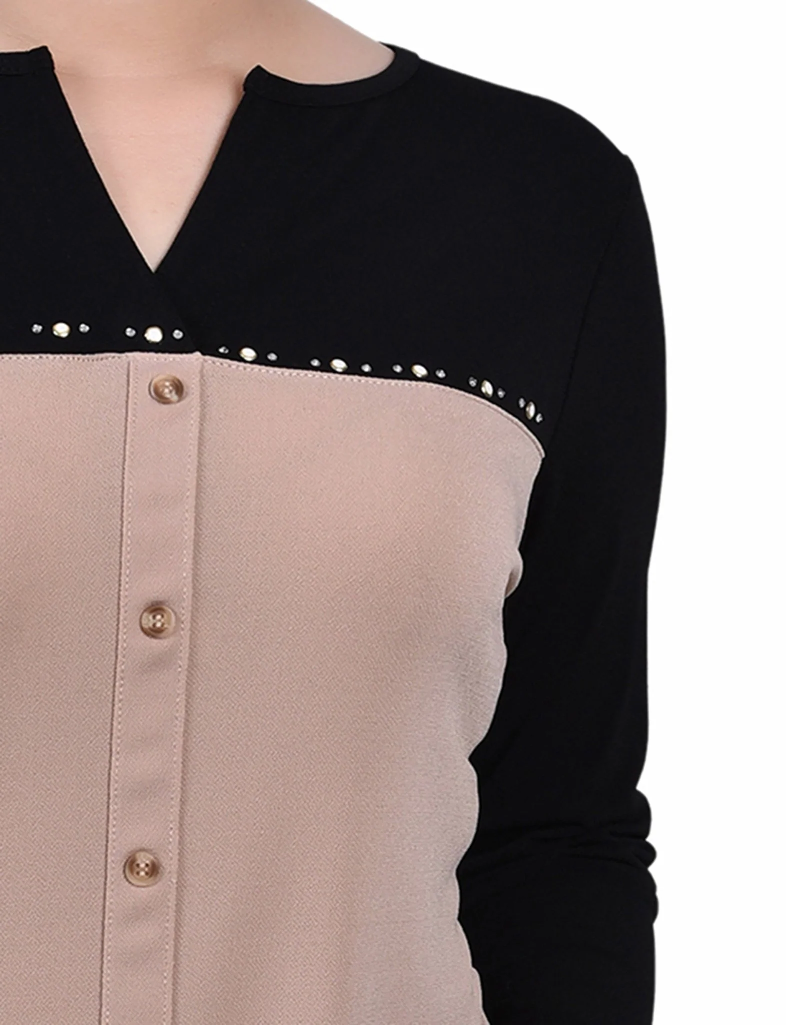 Doeskin Long Sleeve Studded Colorblocked Split Neck Top - Image 3