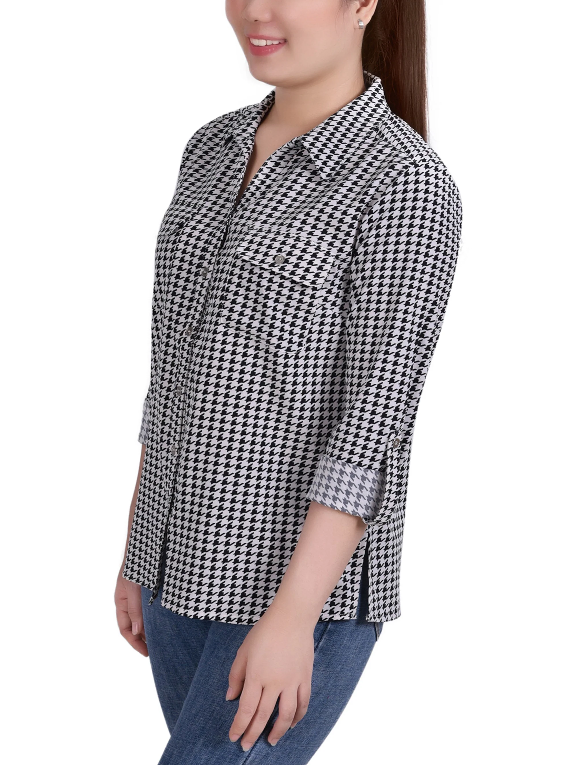 Doeskin W Black Herringbone 3/4 Roll Tab Blouse With Pockets - Petite - Image 2