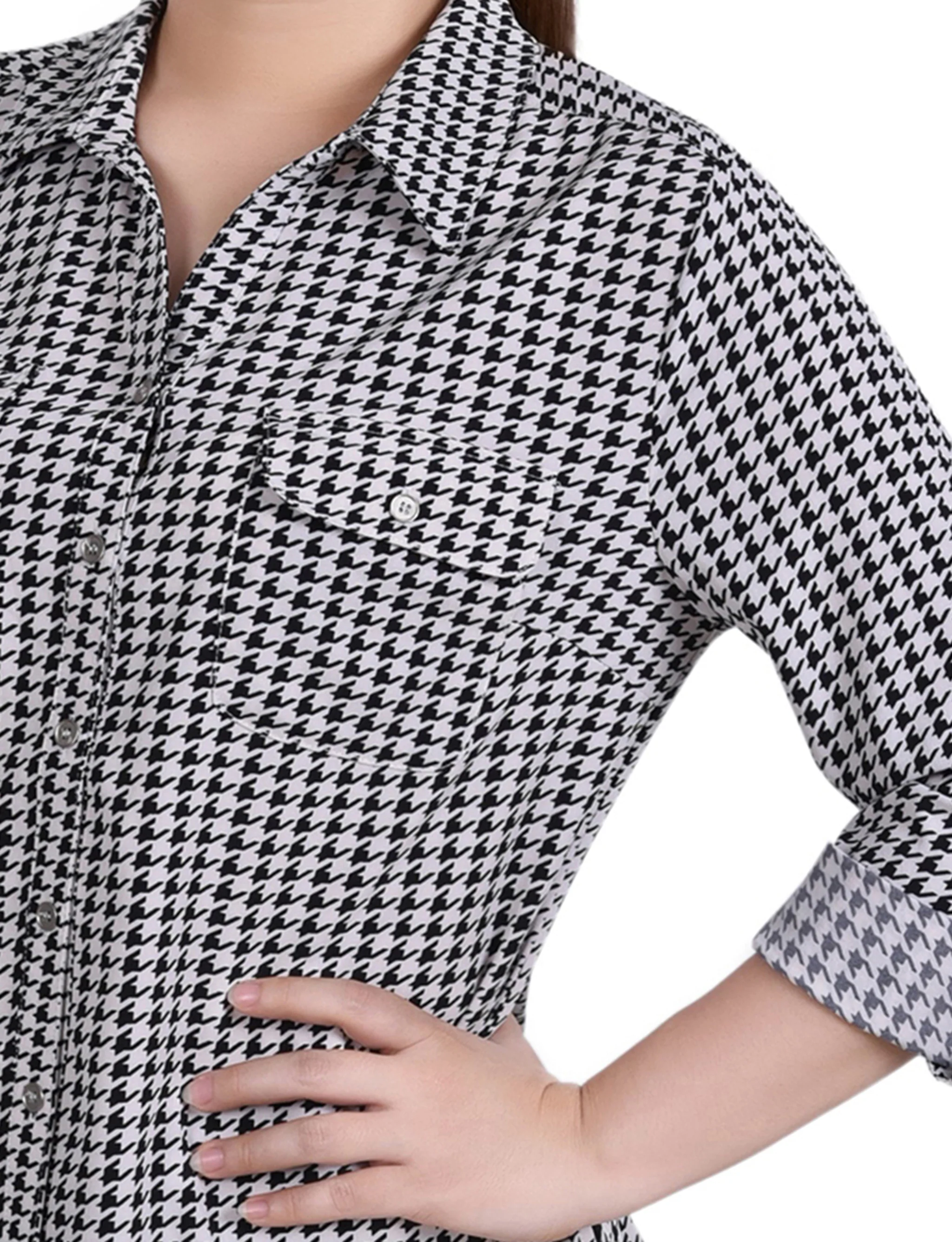 Doeskin W Black Herringbone 3/4 Roll Tab Blouse With Pockets - Petite - Image 3