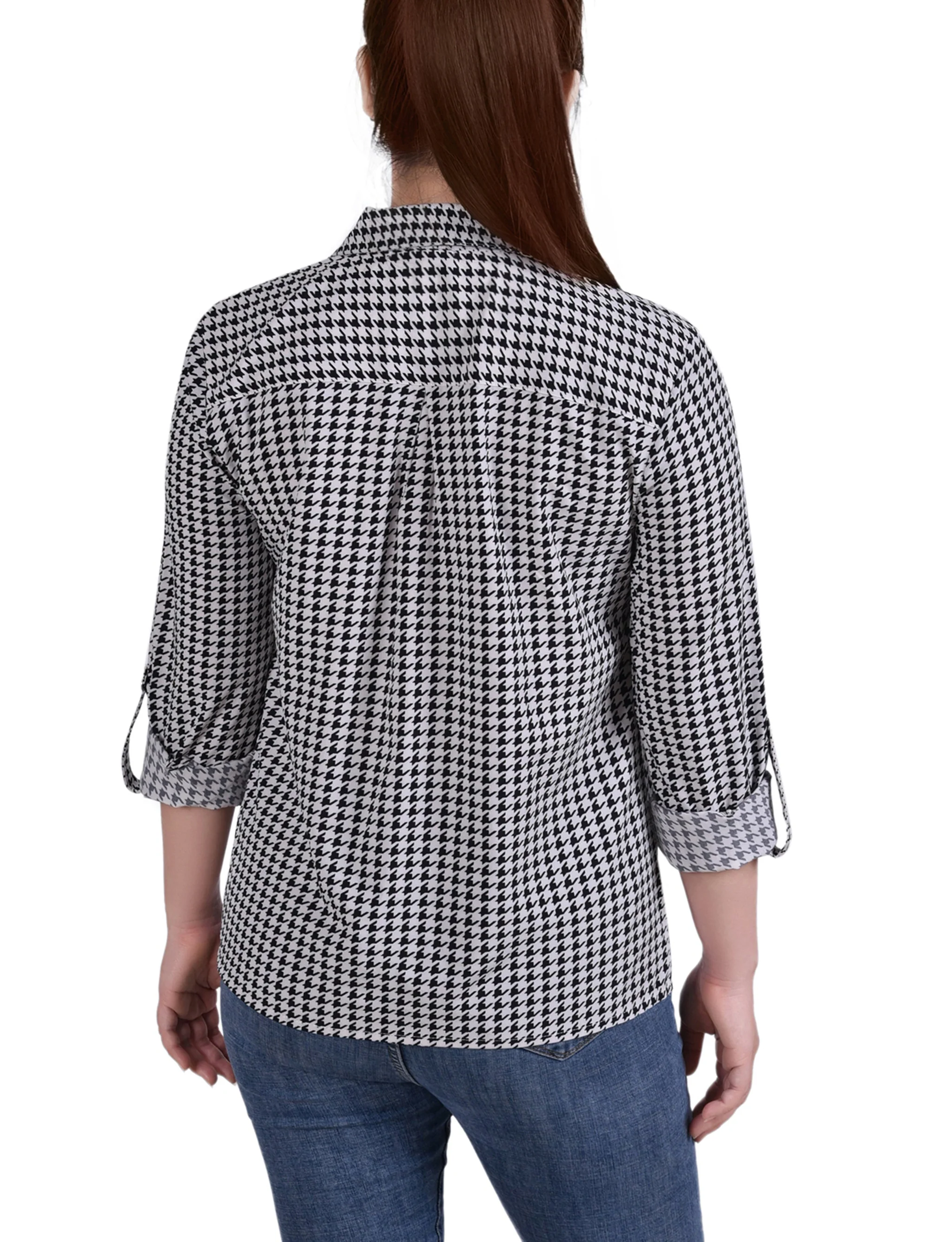Doeskin W Black Herringbone 3/4 Roll Tab Blouse With Pockets - Petite - Image 4