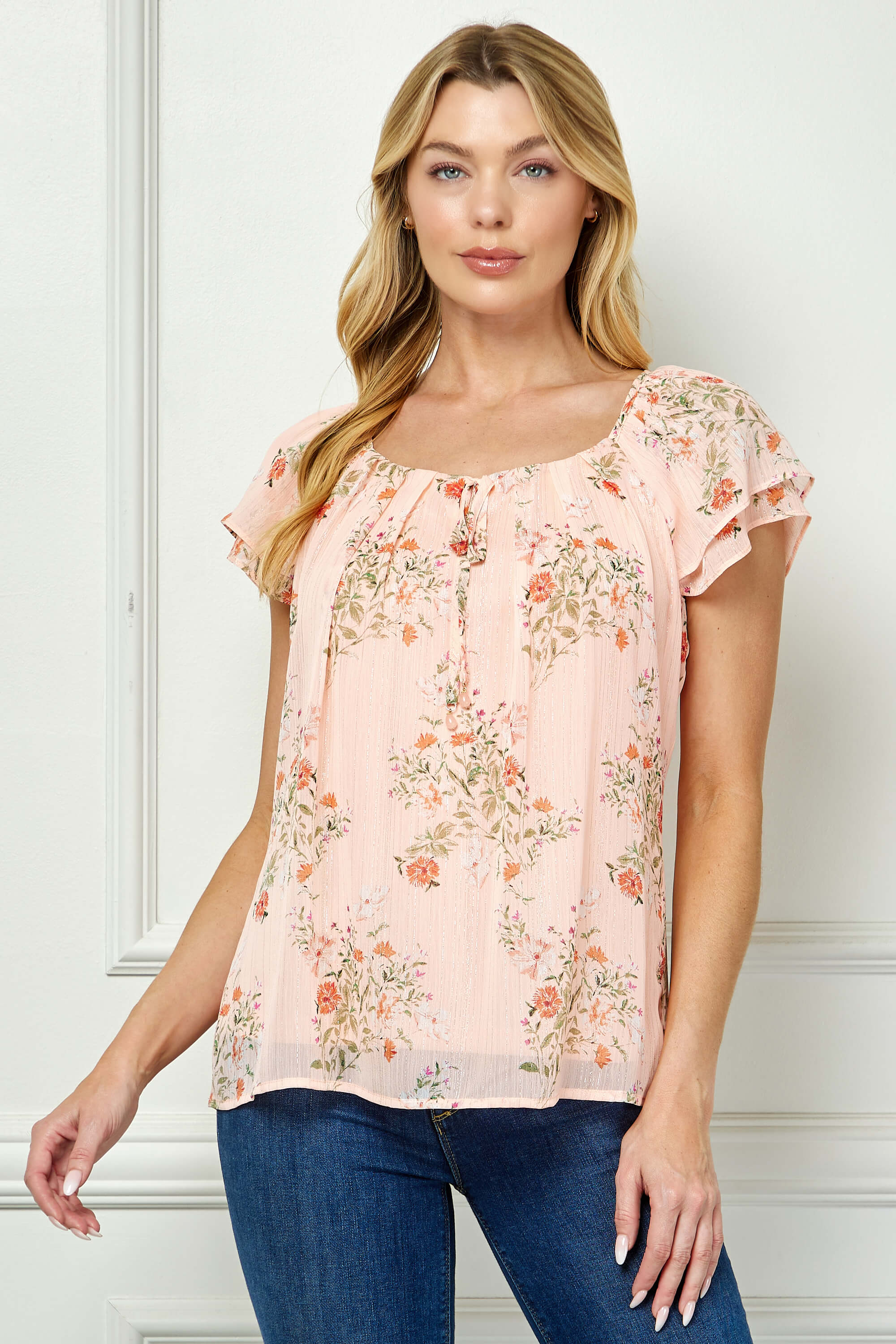 Double Flutter Sleeve Beaded Tie Neck Blouse in Peach - Image 2