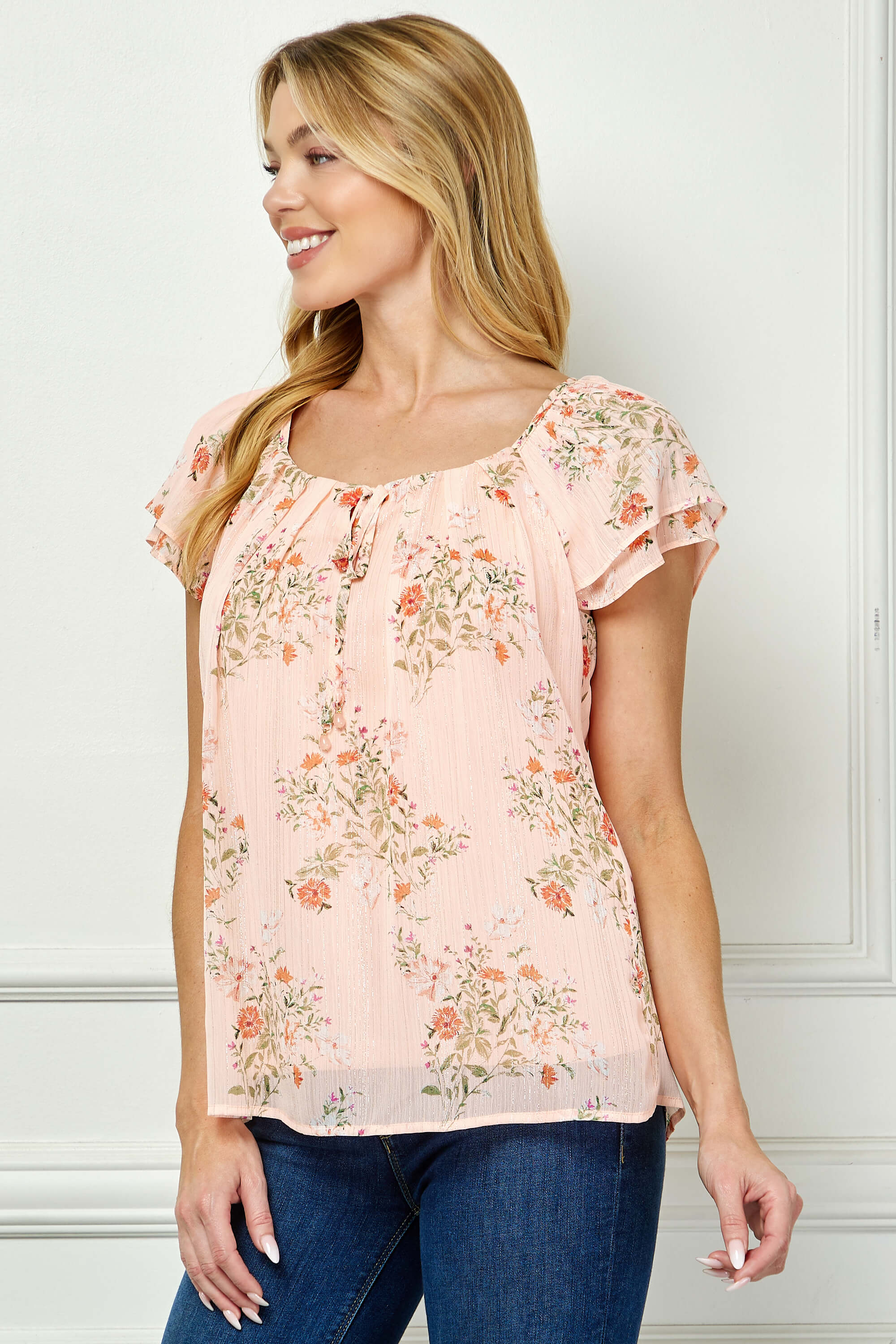 Double Flutter Sleeve Beaded Tie Neck Blouse in Peach - Image 3