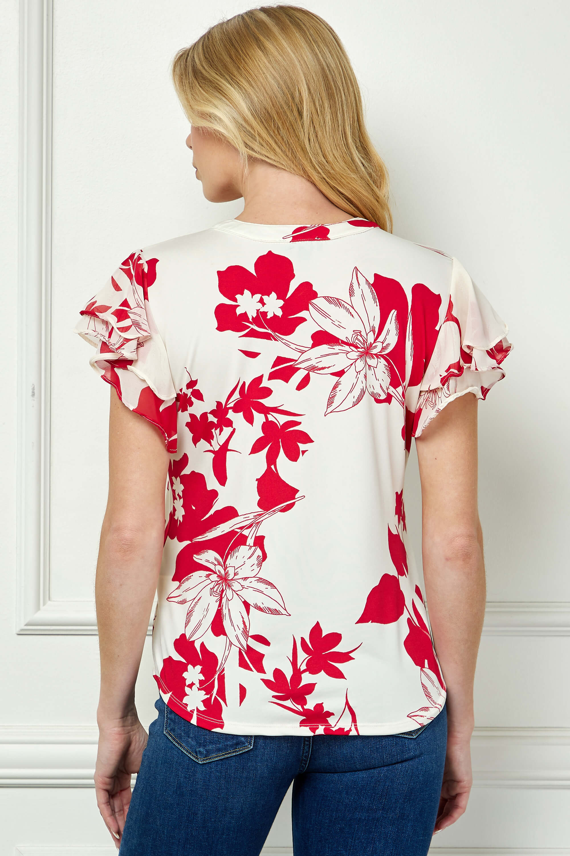 Double Flutter Sleeve Mandarin Collar V-Neck Blouse in Red/Cream - Image 4
