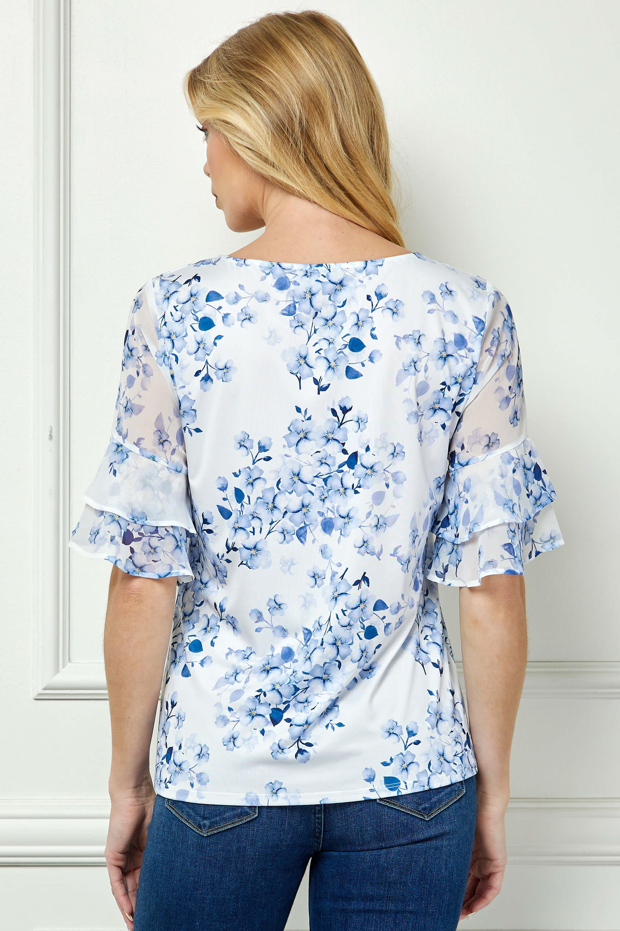 Double Ruffle Sleeve Cutout Neck Blouse in Ivory/Denim - Image 2