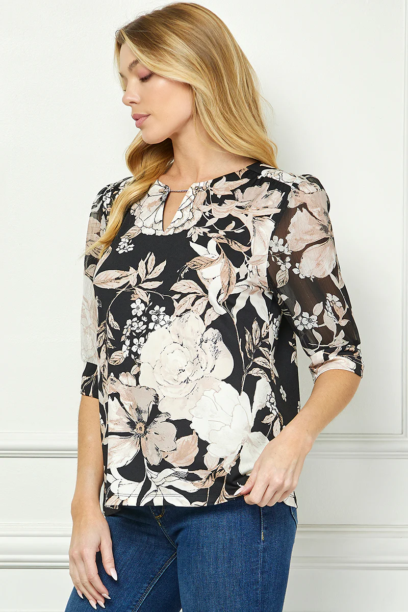 Elbow Sleeve Cutout Neck Mix Media Blouse - Black - Image 3