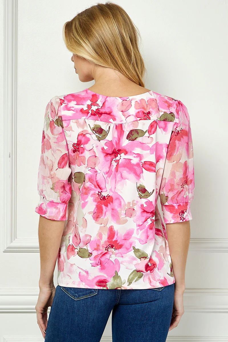 Elbow Sleeve Cutout Neck Mix Media Blouse - Pink - Image 2
