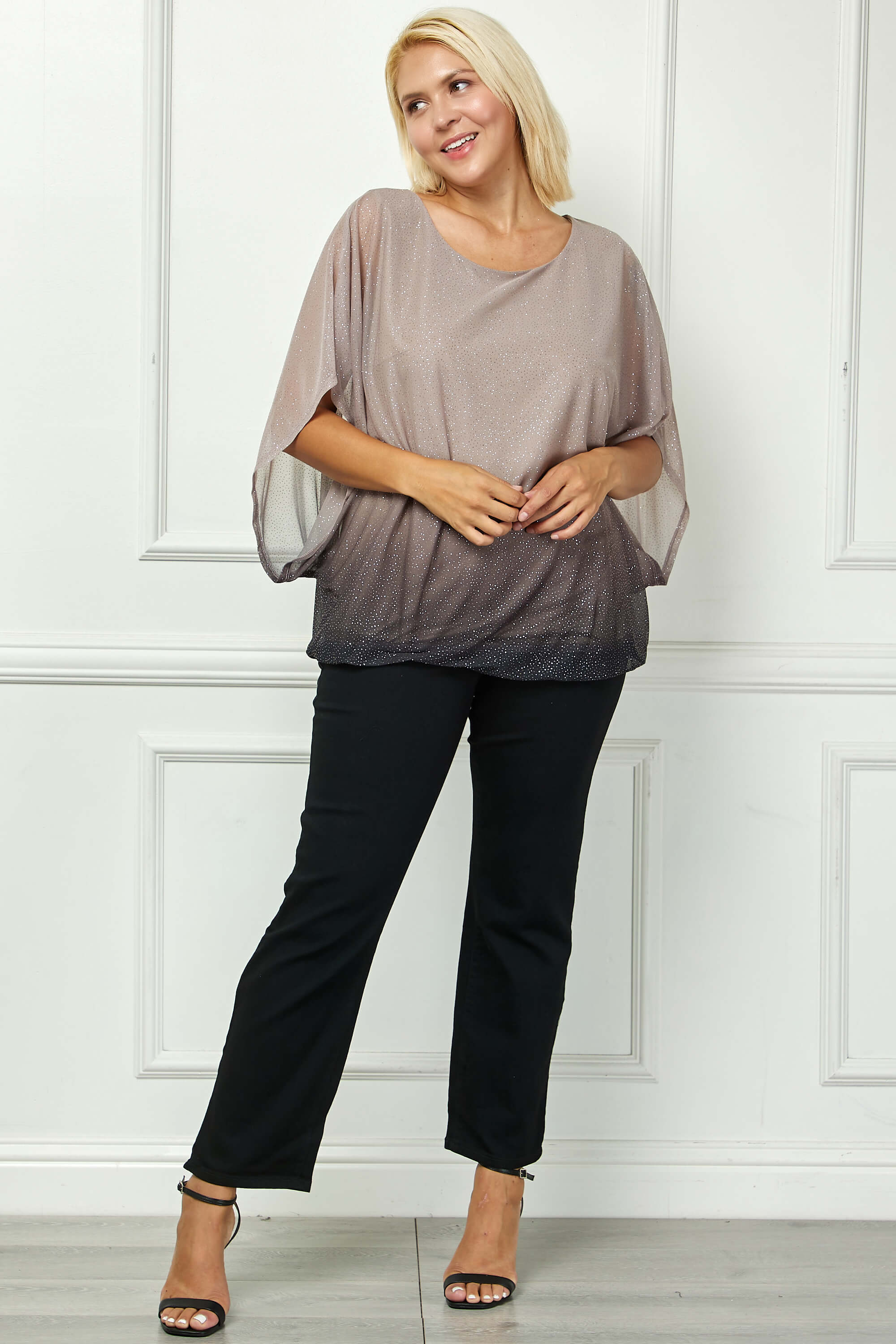 Elbow Sleeve Poncho Knot Back Bubble Blouse - Grey - Plus - Image 2