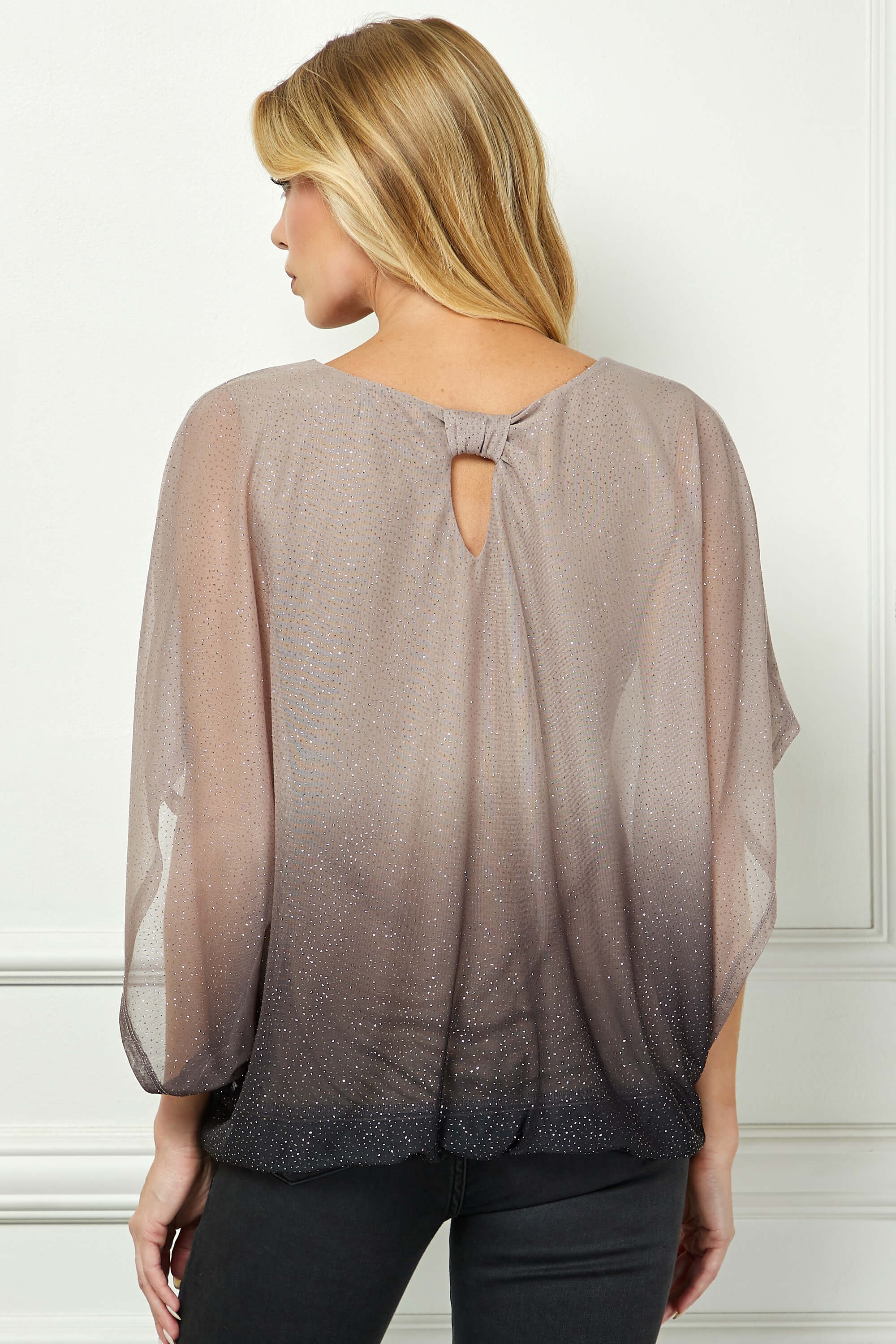 Elbow Sleeve Poncho Knot Back Bubble Blouse - Grey - Image 4