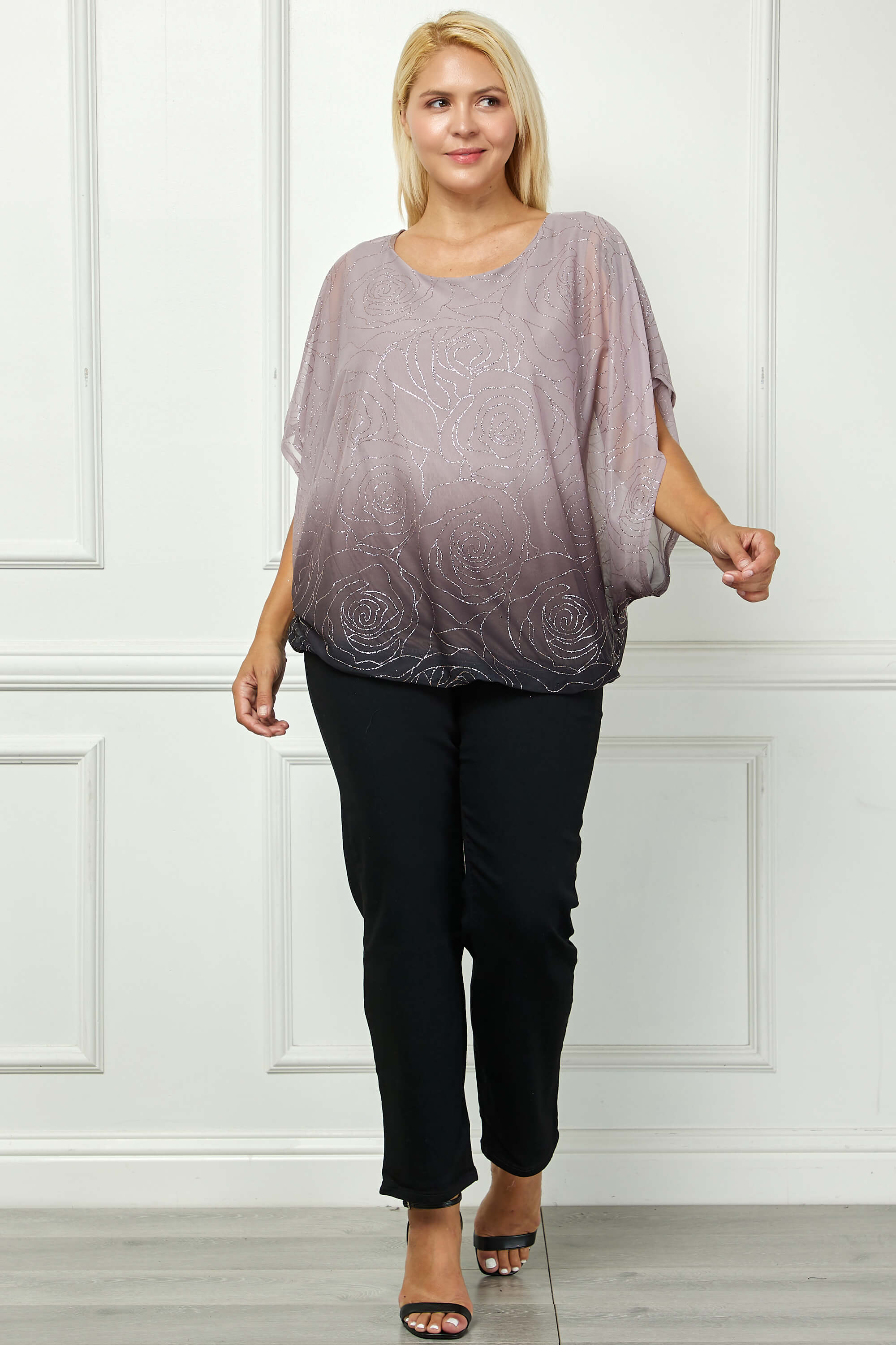 Elbow Sleeve Poncho Knot Back Bubble Blouse - Purple - Plus - Image 2