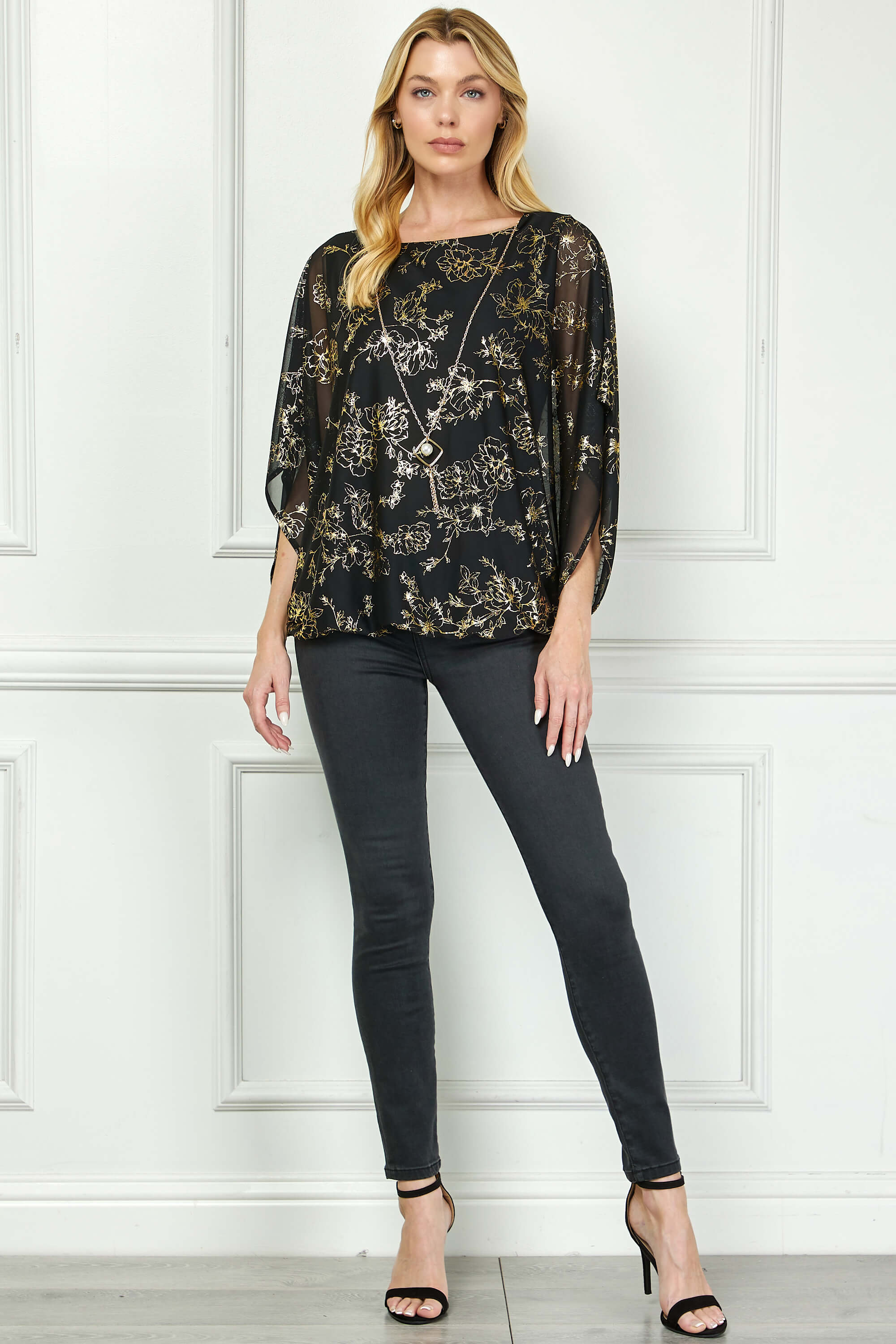 Elbow Sleeve Poncho Necklace Bubble Blouse - Black - Image 2