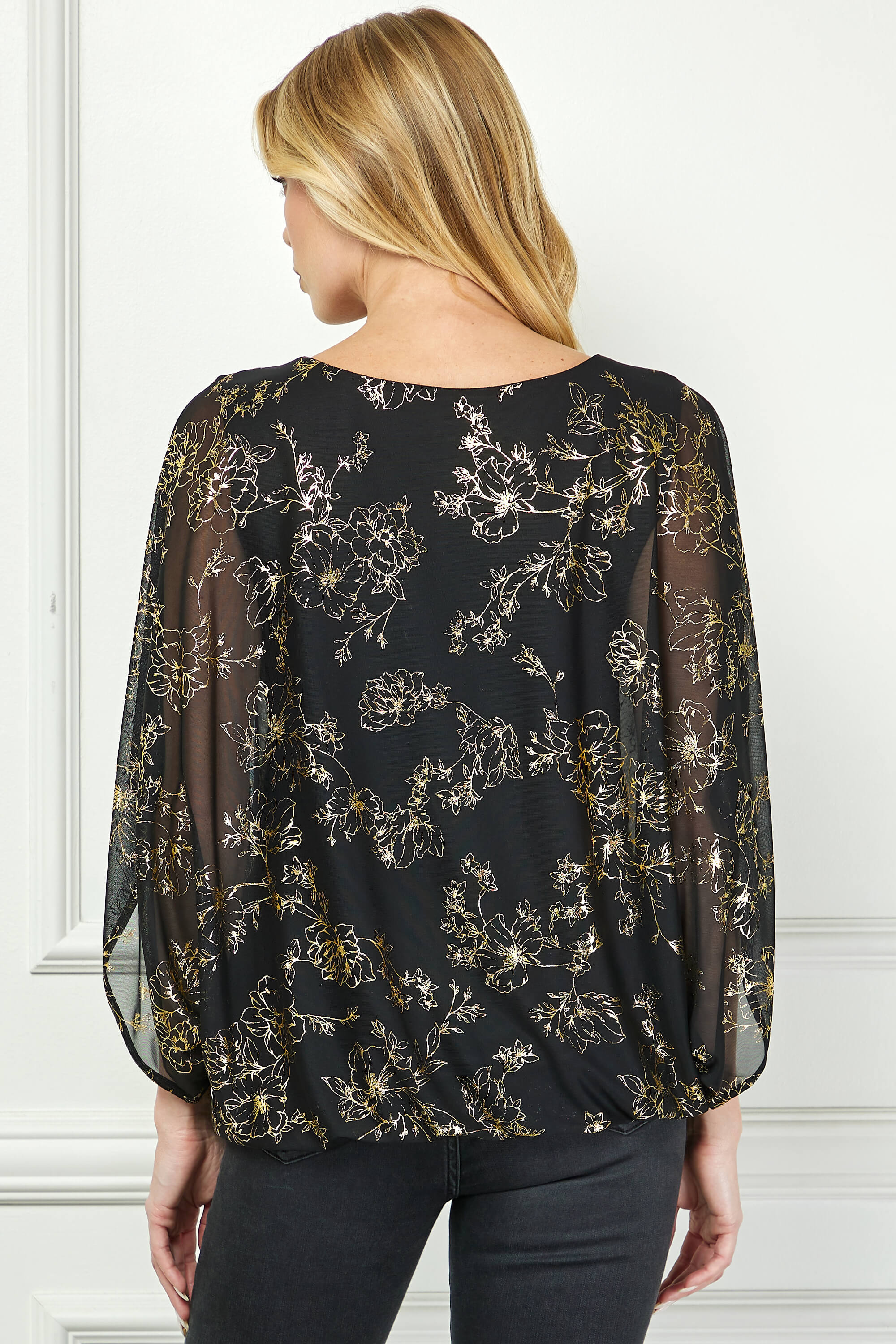 Elbow Sleeve Poncho Necklace Bubble Blouse - Black - Image 4
