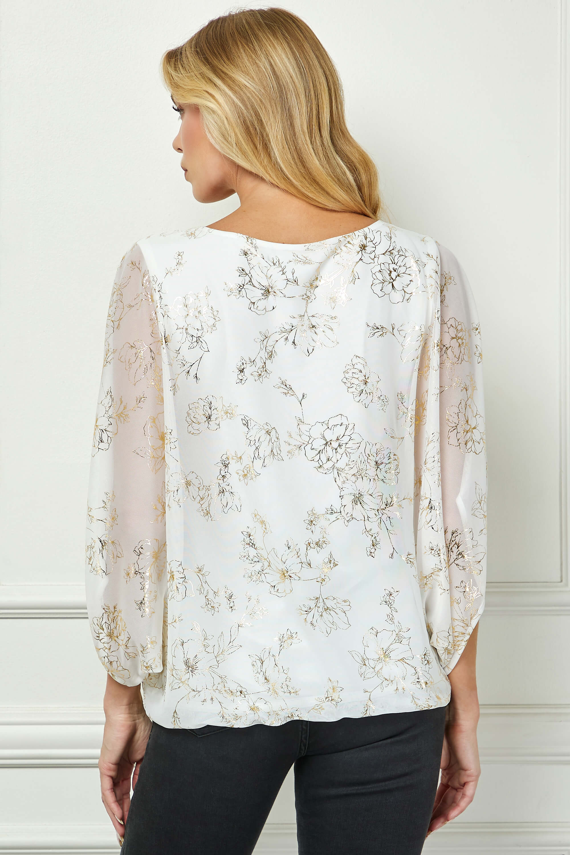 Elbow Sleeve Poncho Necklace Bubble Blouse - White - Image 4
