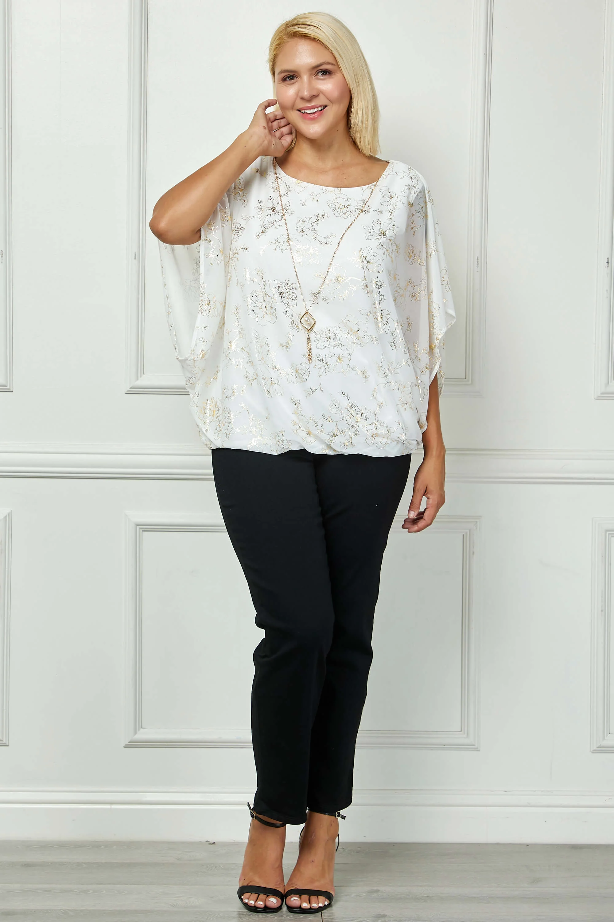 Elbow Sleeve Poncho Necklace Bubble Blouse - White - Plus - Image 2