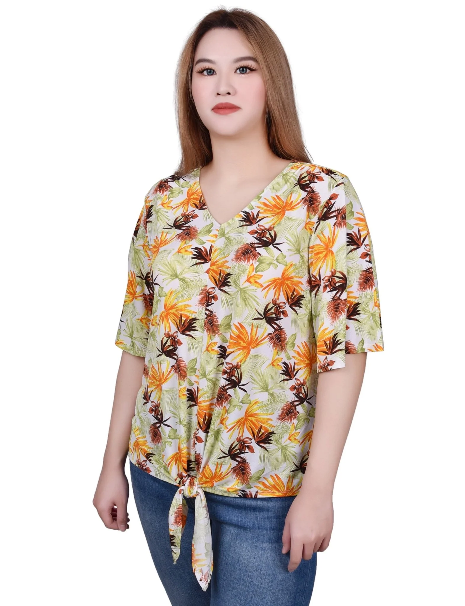 Elbow Sleeve Tie-Front Top - Image 13
