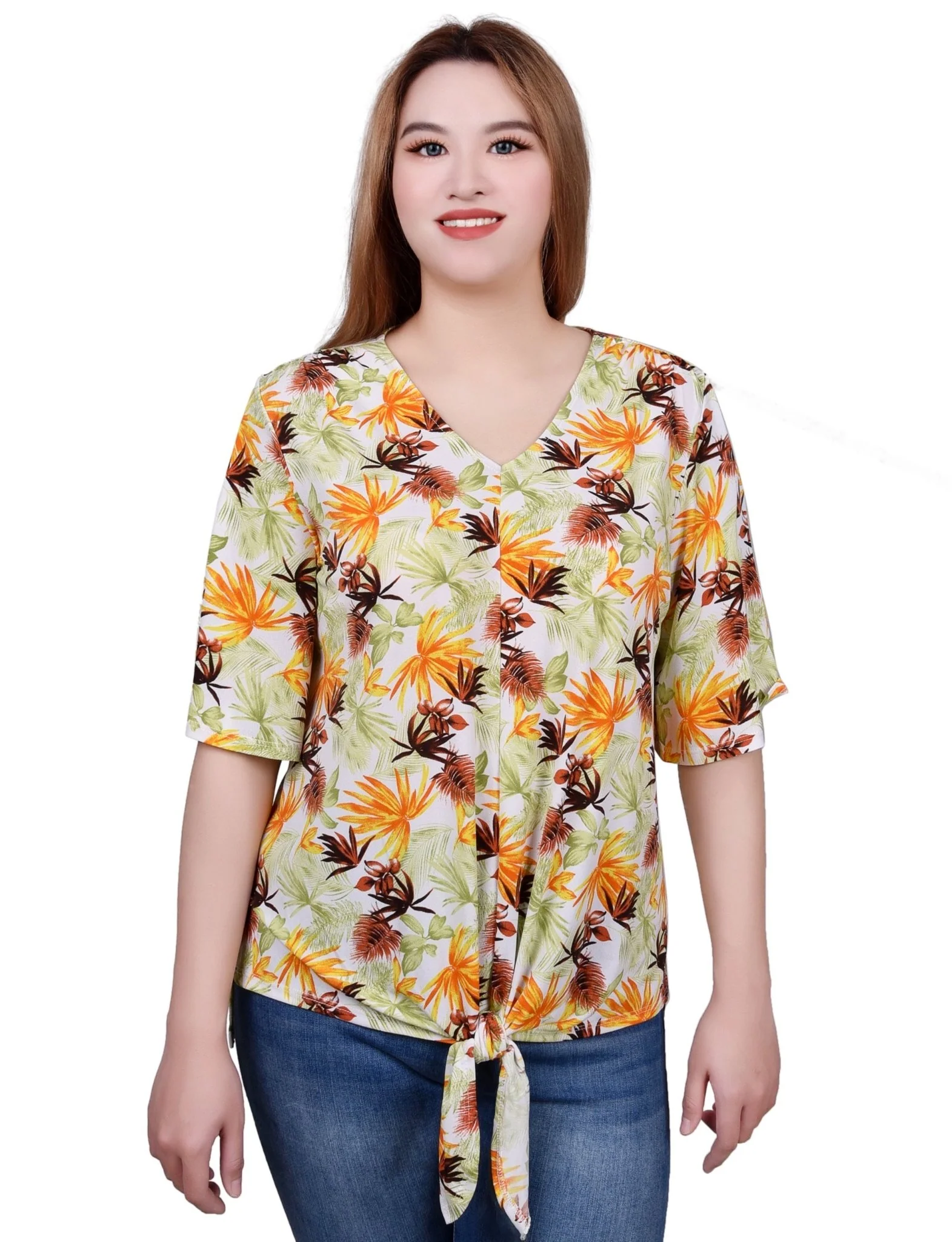Elbow Sleeve Tie-Front Top - Image 14