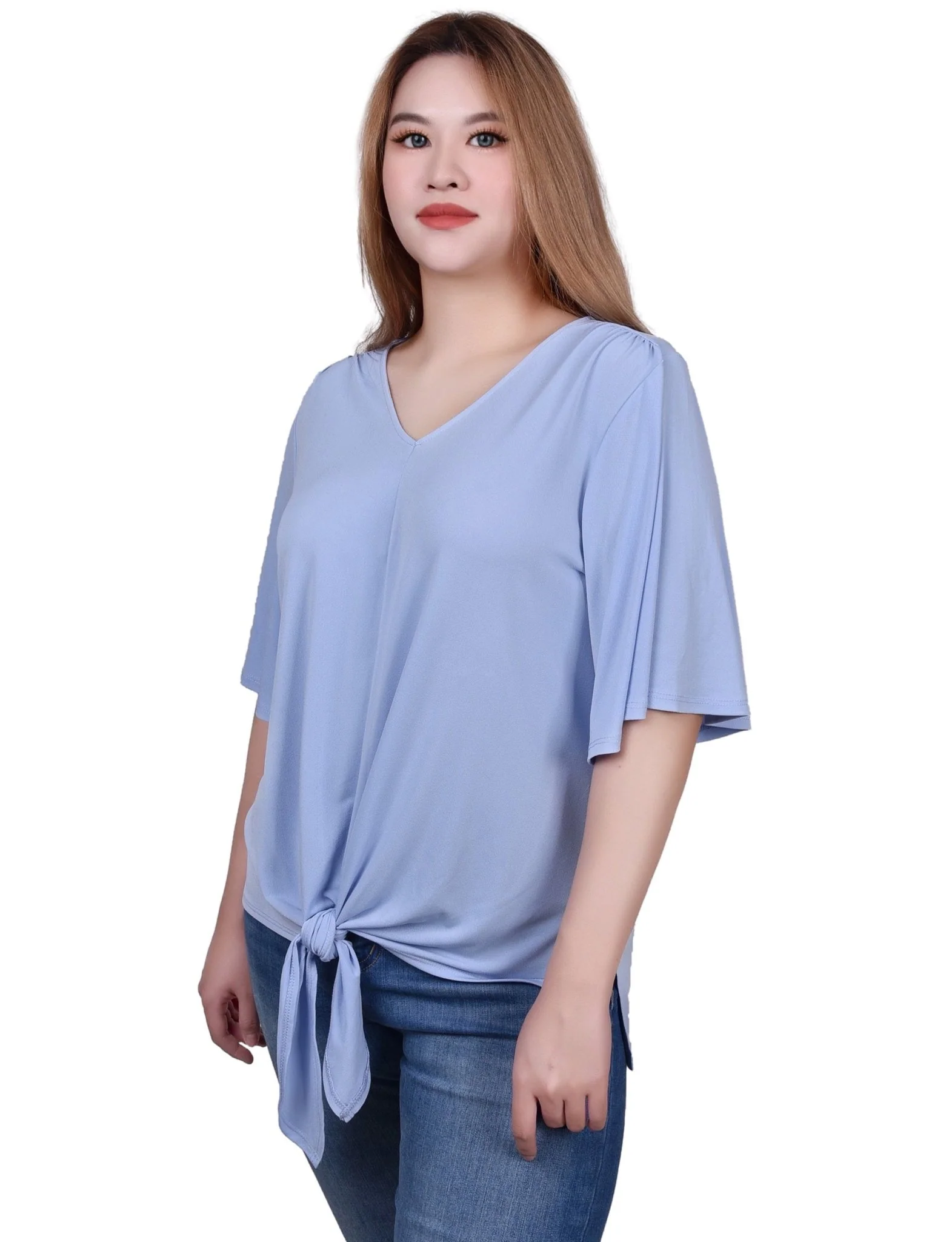 Elbow Sleeve Tie-Front Top - Image 2