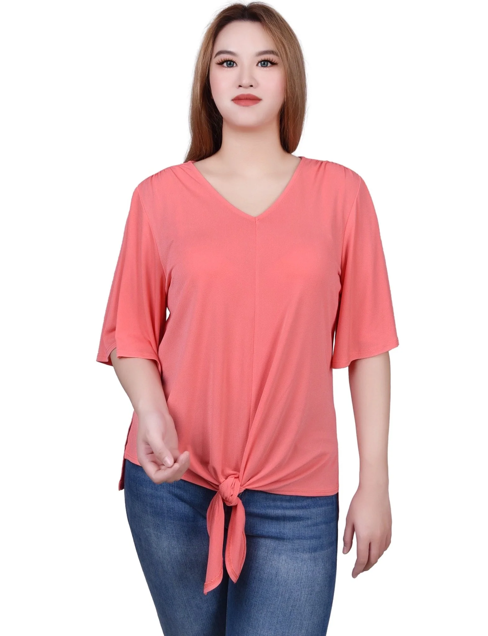 Elbow Sleeve Tie-Front Top - Petite - Image 13