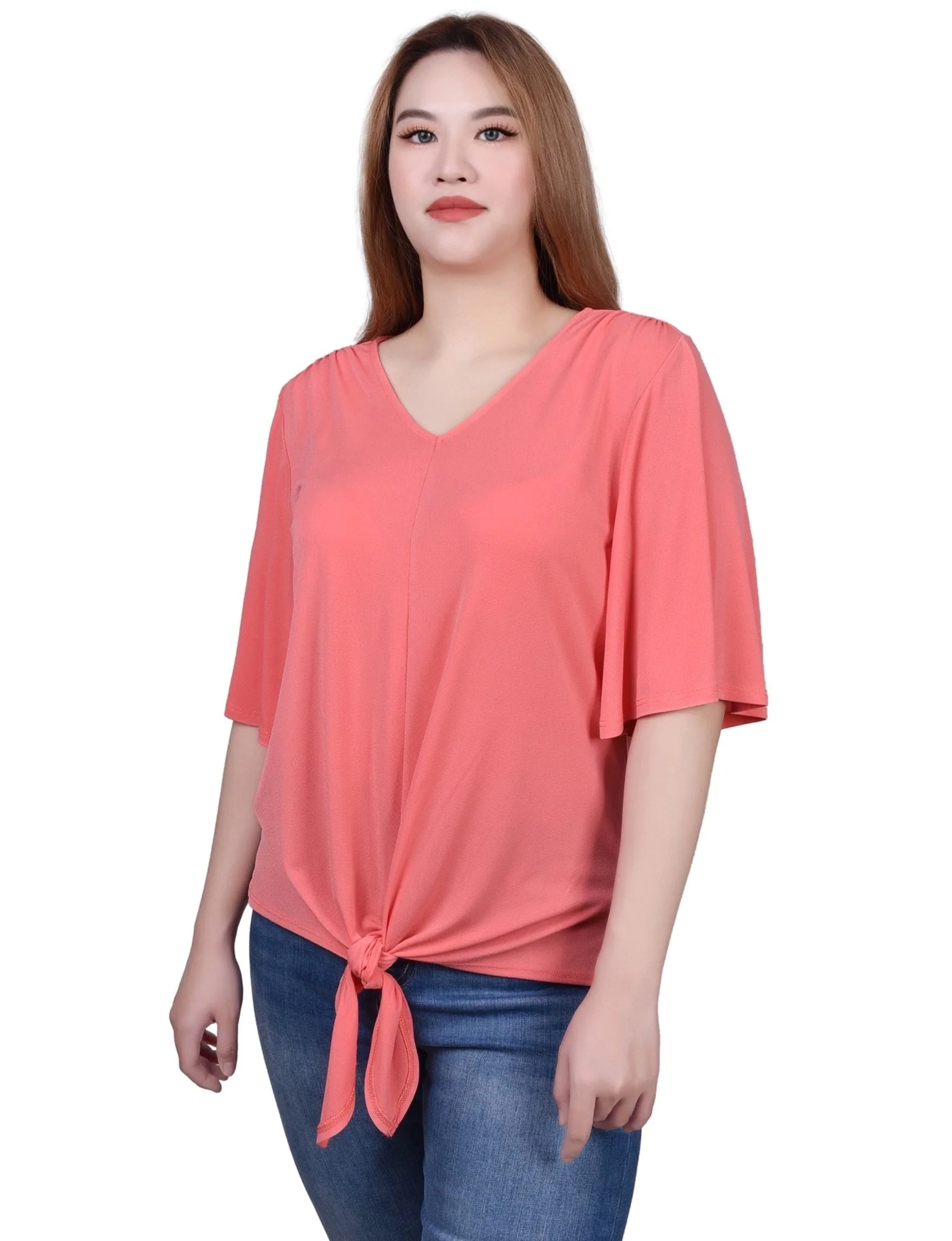 Elbow Sleeve Tie-Front Top - Petite - Image 14