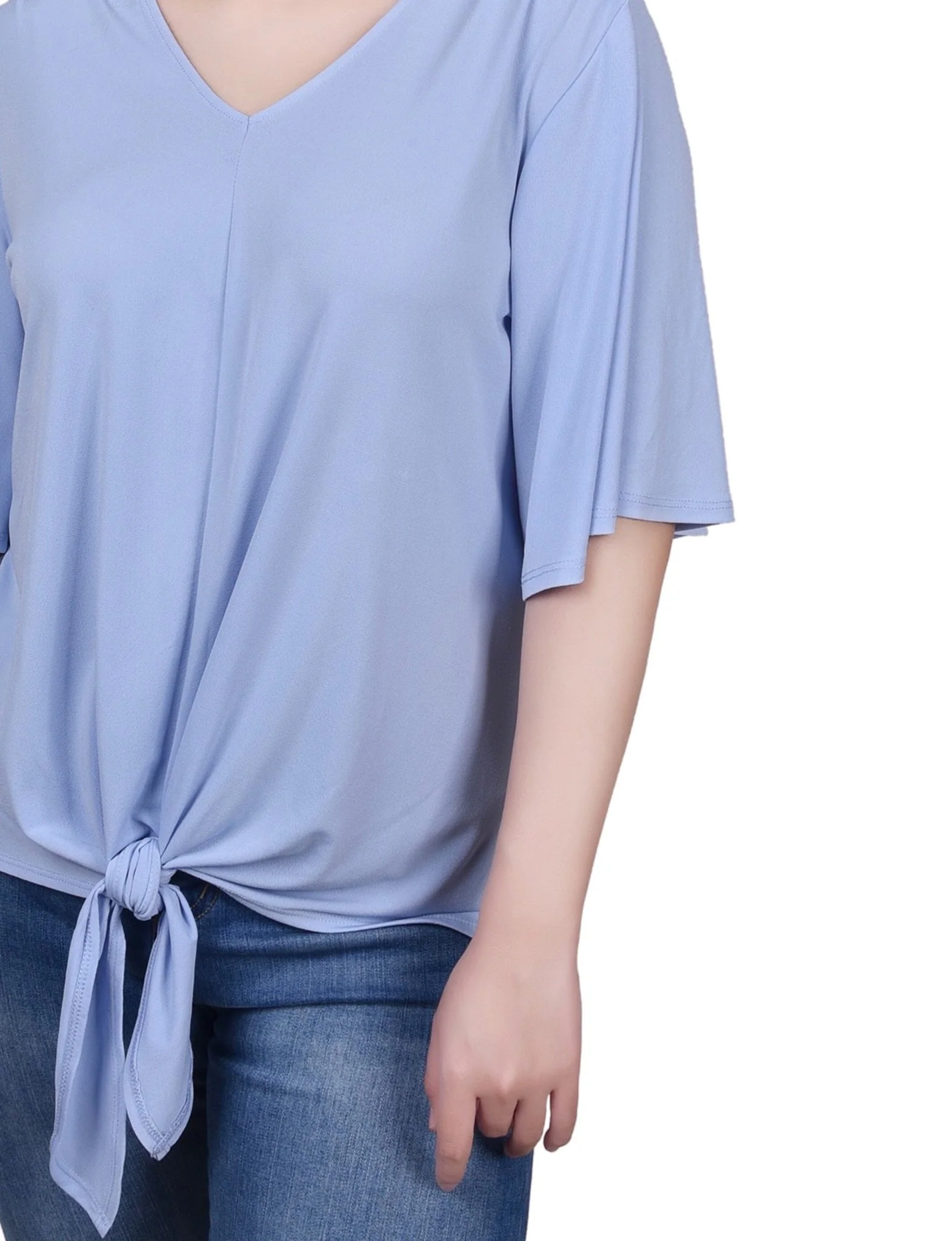 Elbow Sleeve Tie-Front Top - Petite - Image 3
