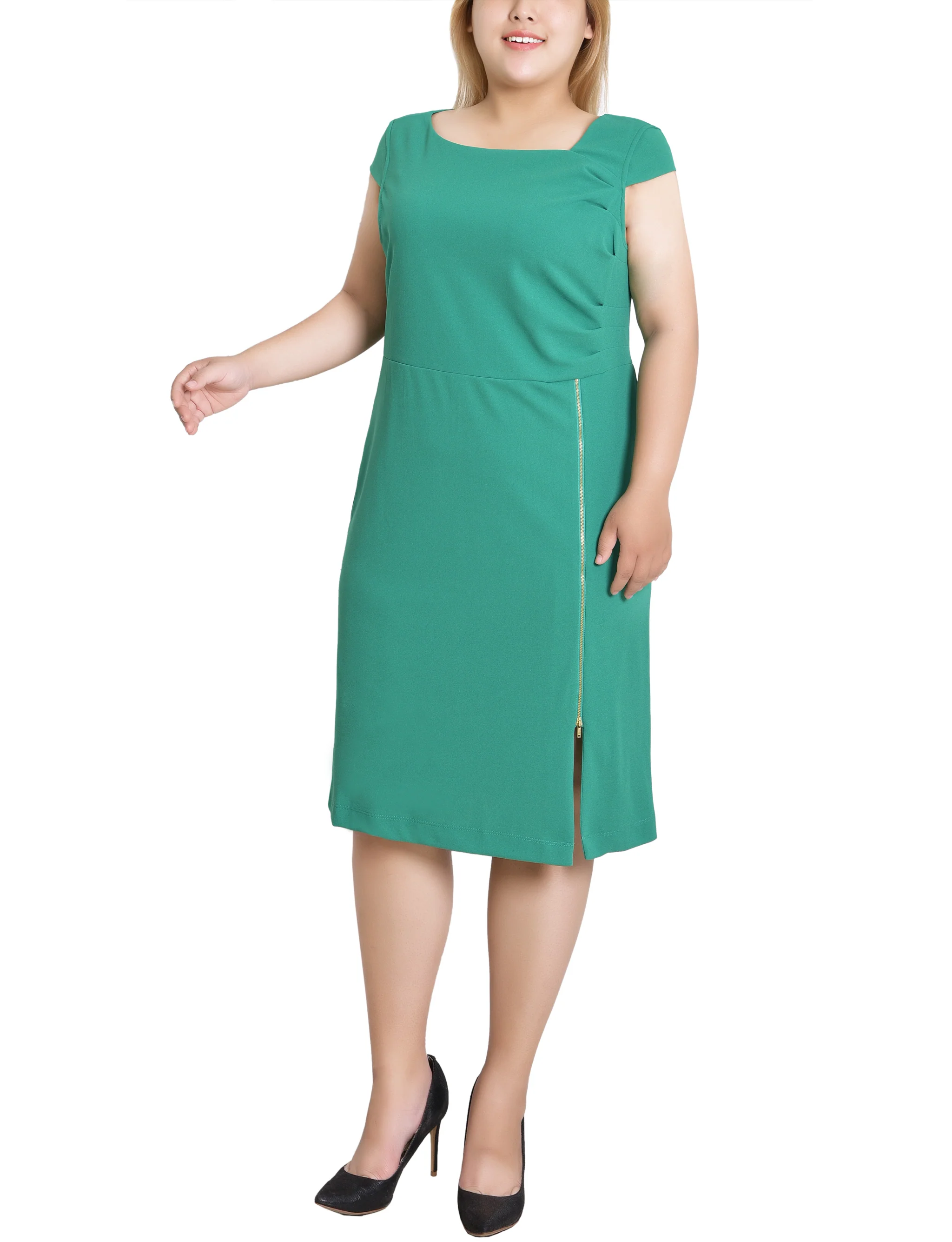 Emerald Green Cap Sleeve Exposed Zipper Dress - Plus - Image 2