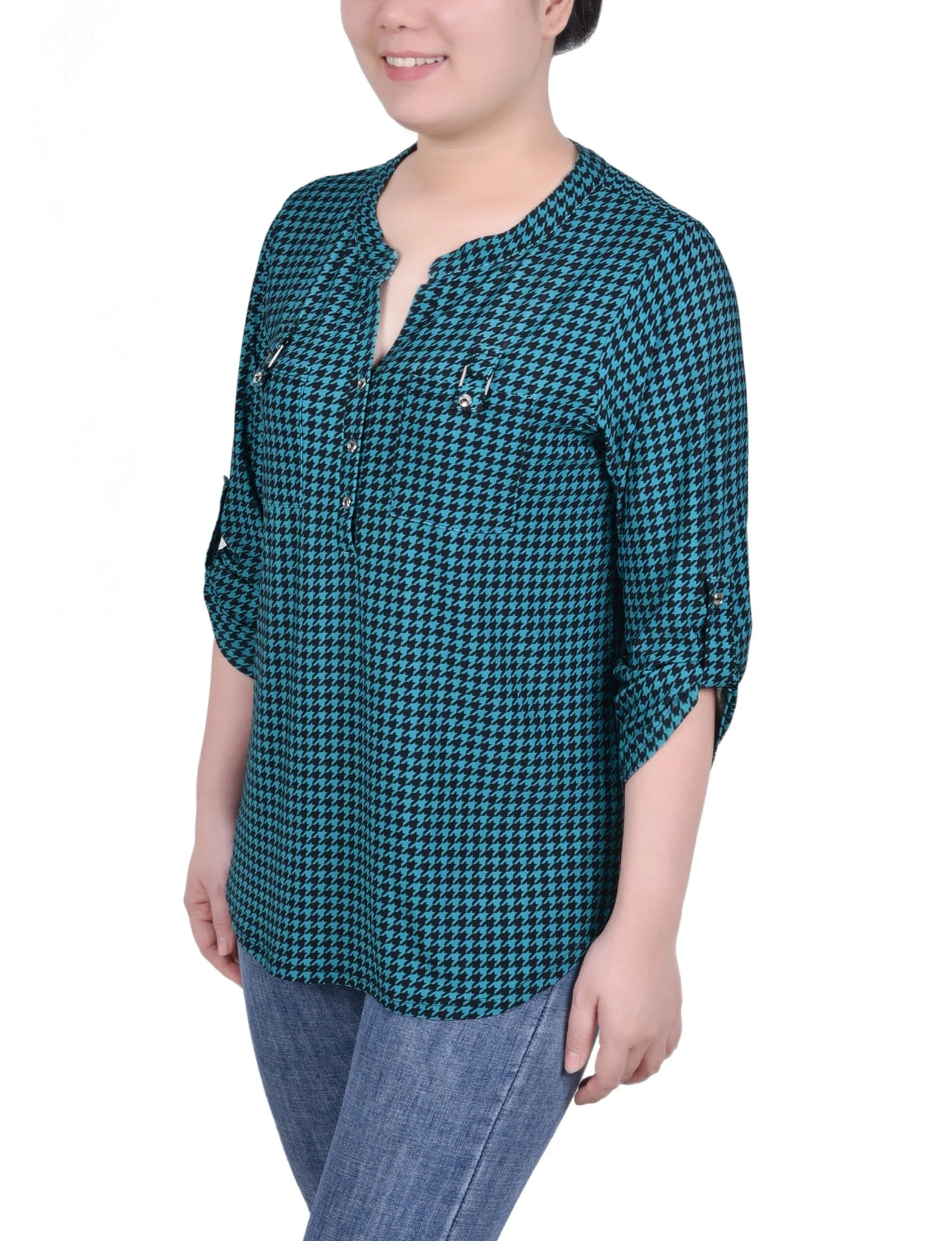 Fanfare Black Houndstooth Long Tab-Sleeve Top With Pockets - Image 2