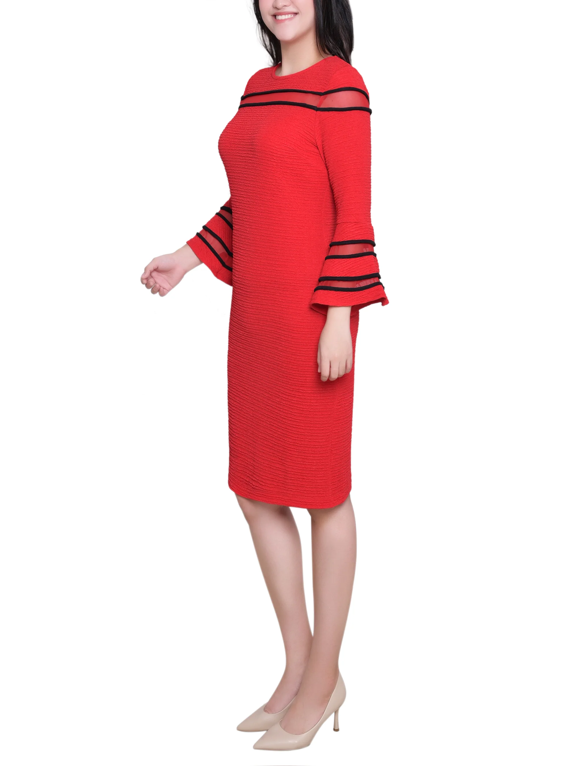 Fire Red Black Long Bell Sleeve Dress With Contrast Striping - Image 3