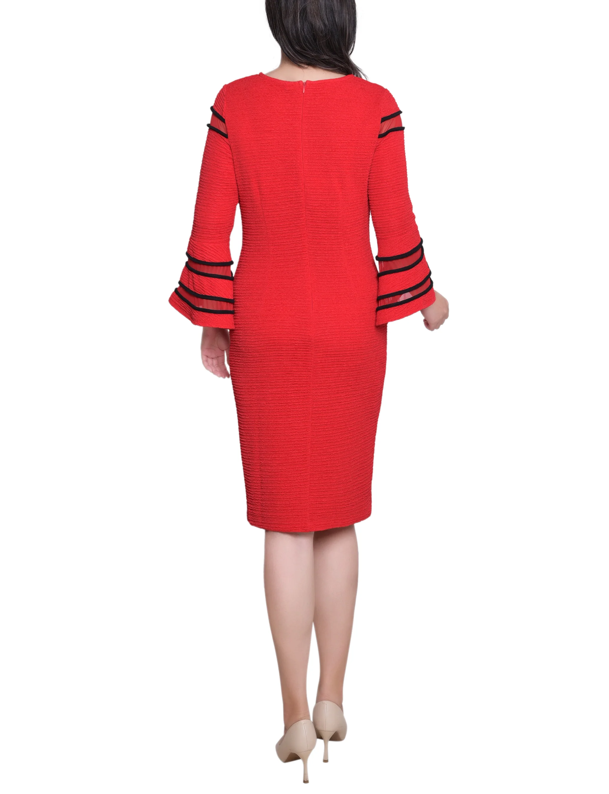 Fire Red Black Long Bell Sleeve Dress With Contrast Striping - Image 4