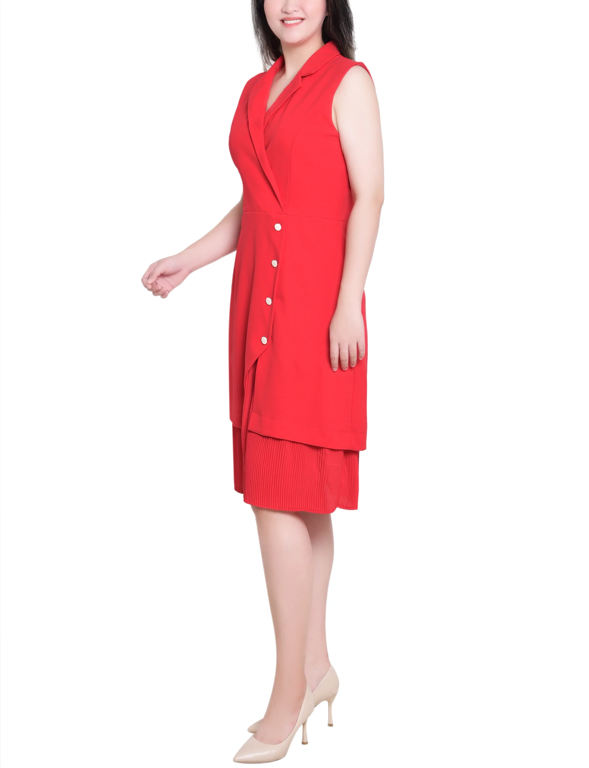 Fire Red Sleeveless Suit With Pleated Skirt - Image 3