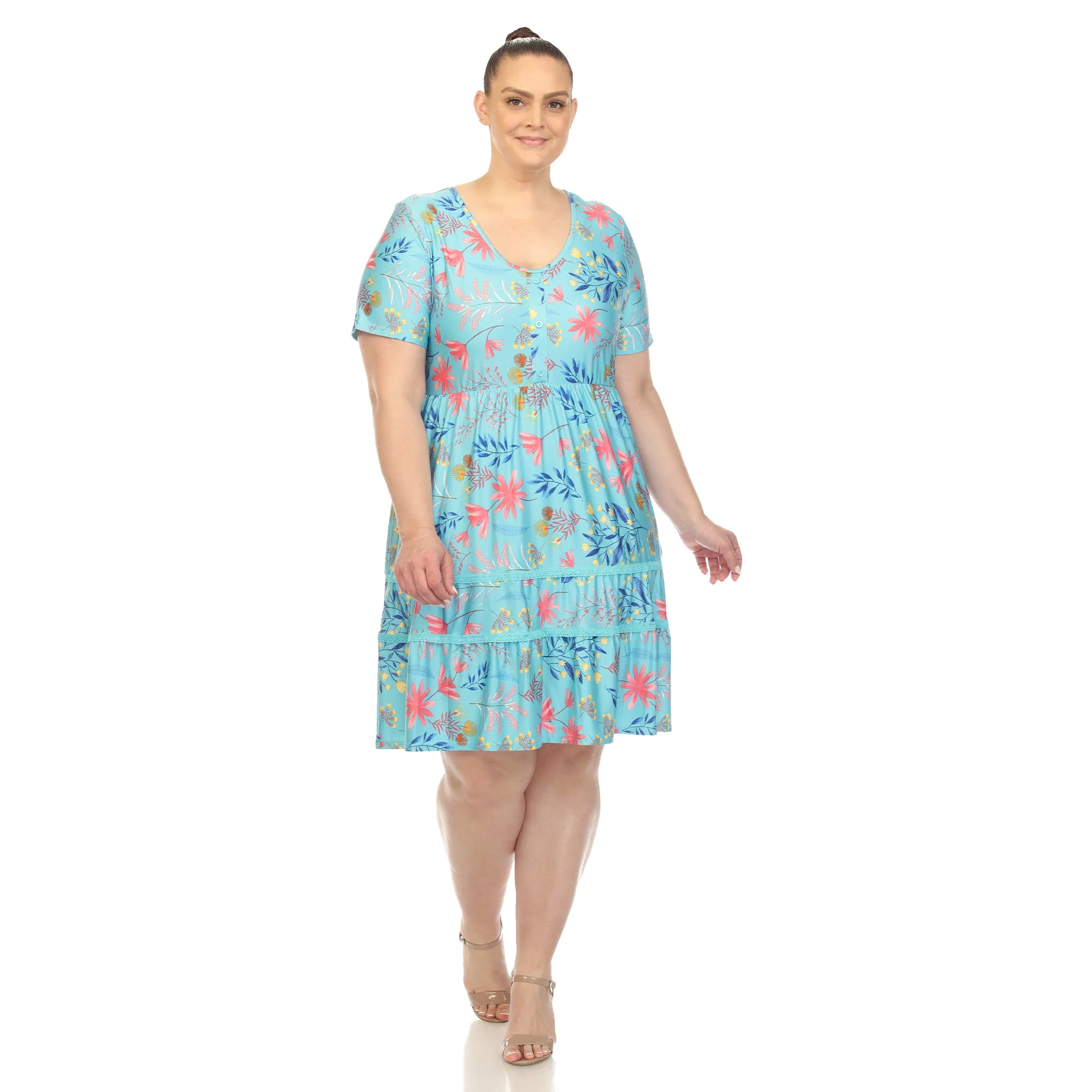Floral Short Sleeve Knee Length Dress - Plus - Image 15