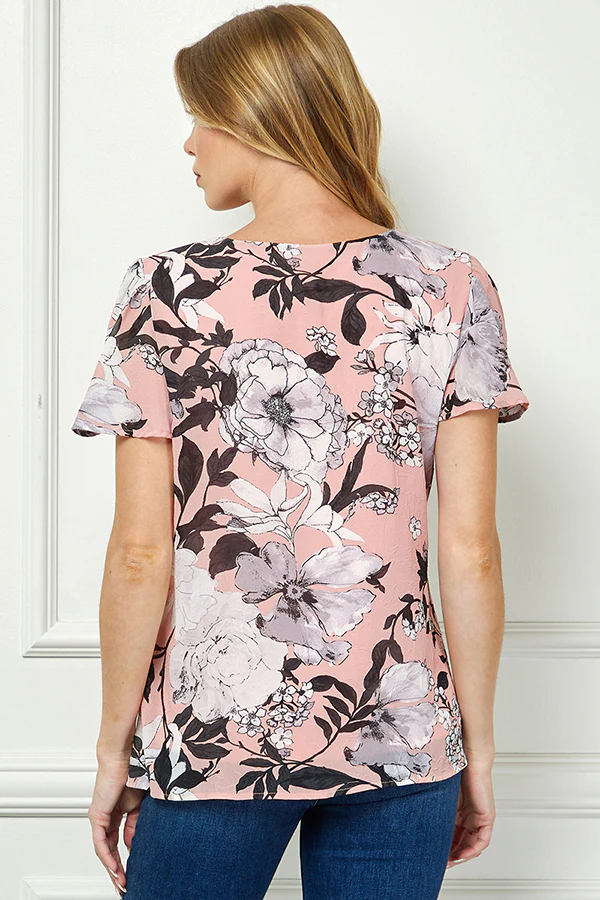 Flutter Sleeve Cutout Neck Pleat Blouse - Pink - Image 2