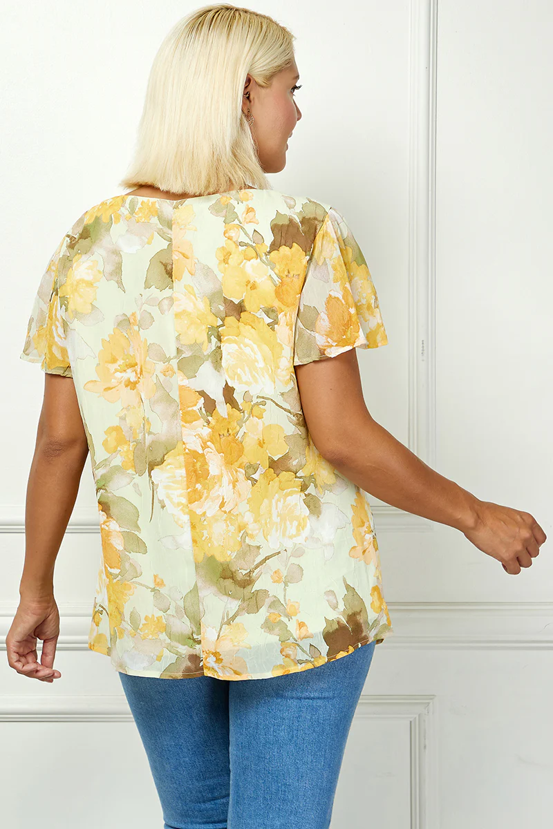 Flutter Sleeve Cutout Neck Pleat Blouse - Plus - Sage/Gold - Image 2
