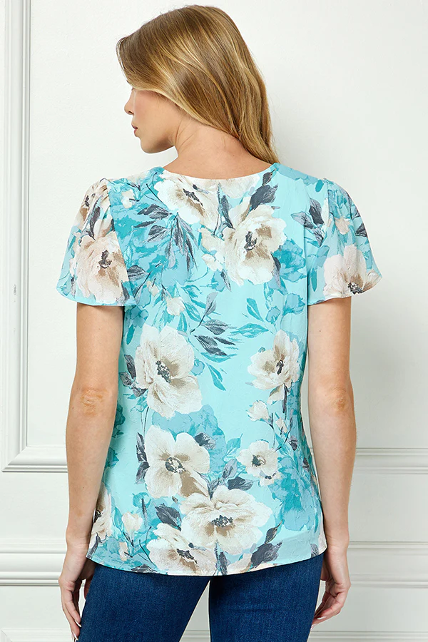 Flutter Sleeve Cutout Neck Pleat Blouse - Sage - Image 2