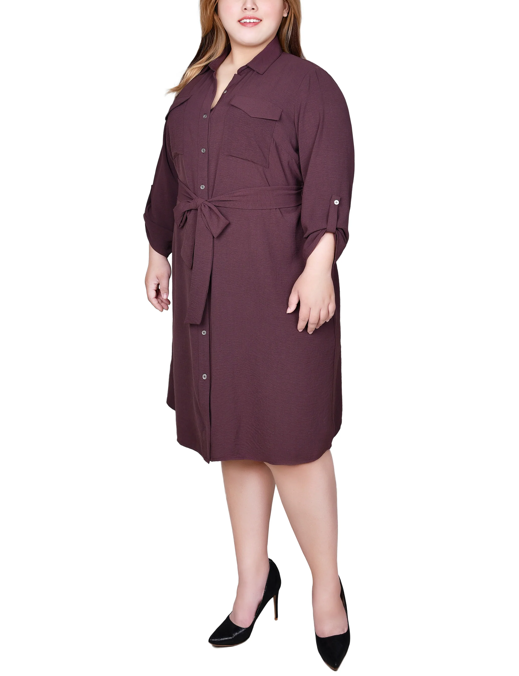 Fudge Long Roll Tab Sleeve Shirtdress - Plus - Image 2