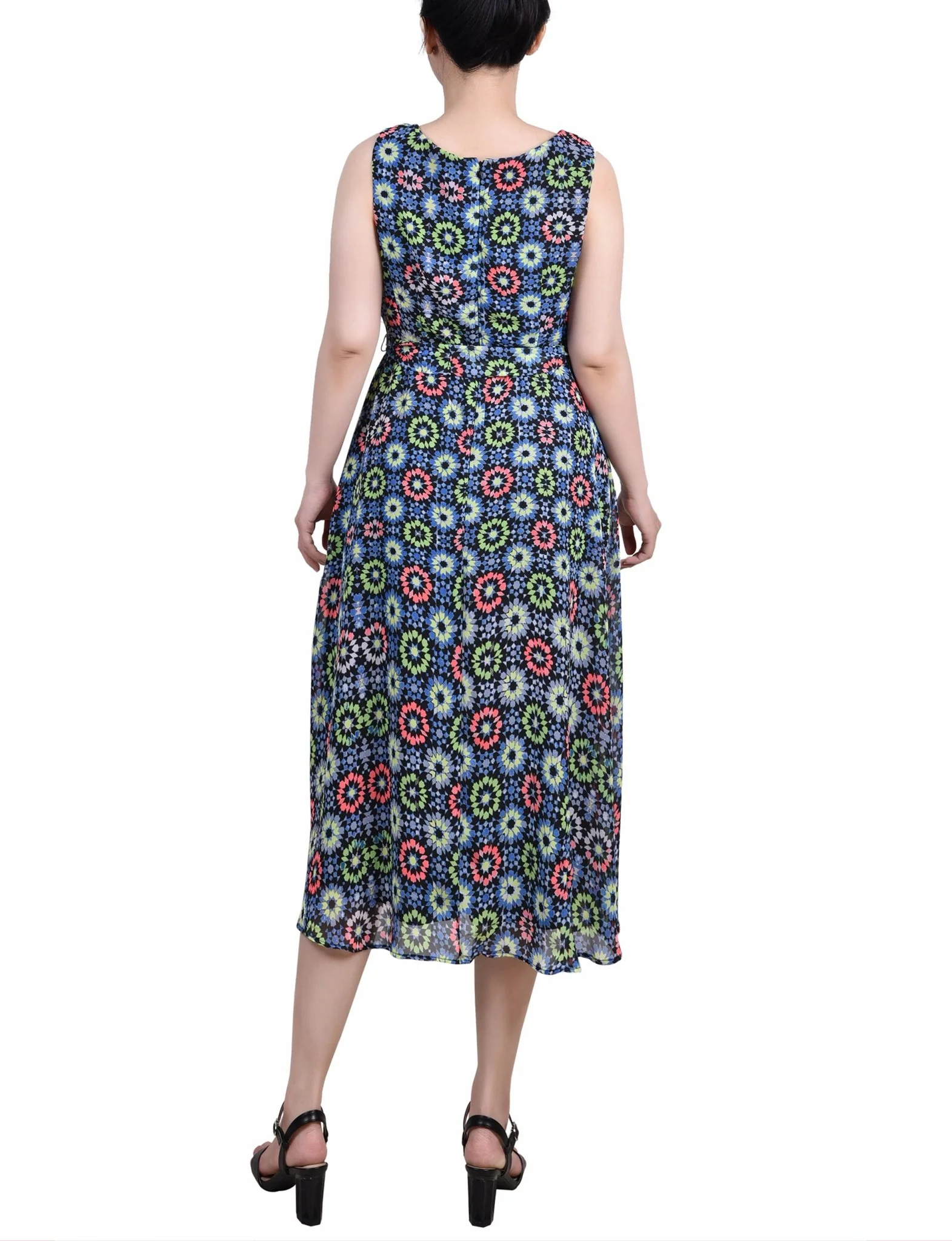 Geo Hippe Peasant Sleeveless Chiffon Belted Dress - Petite - Image 3