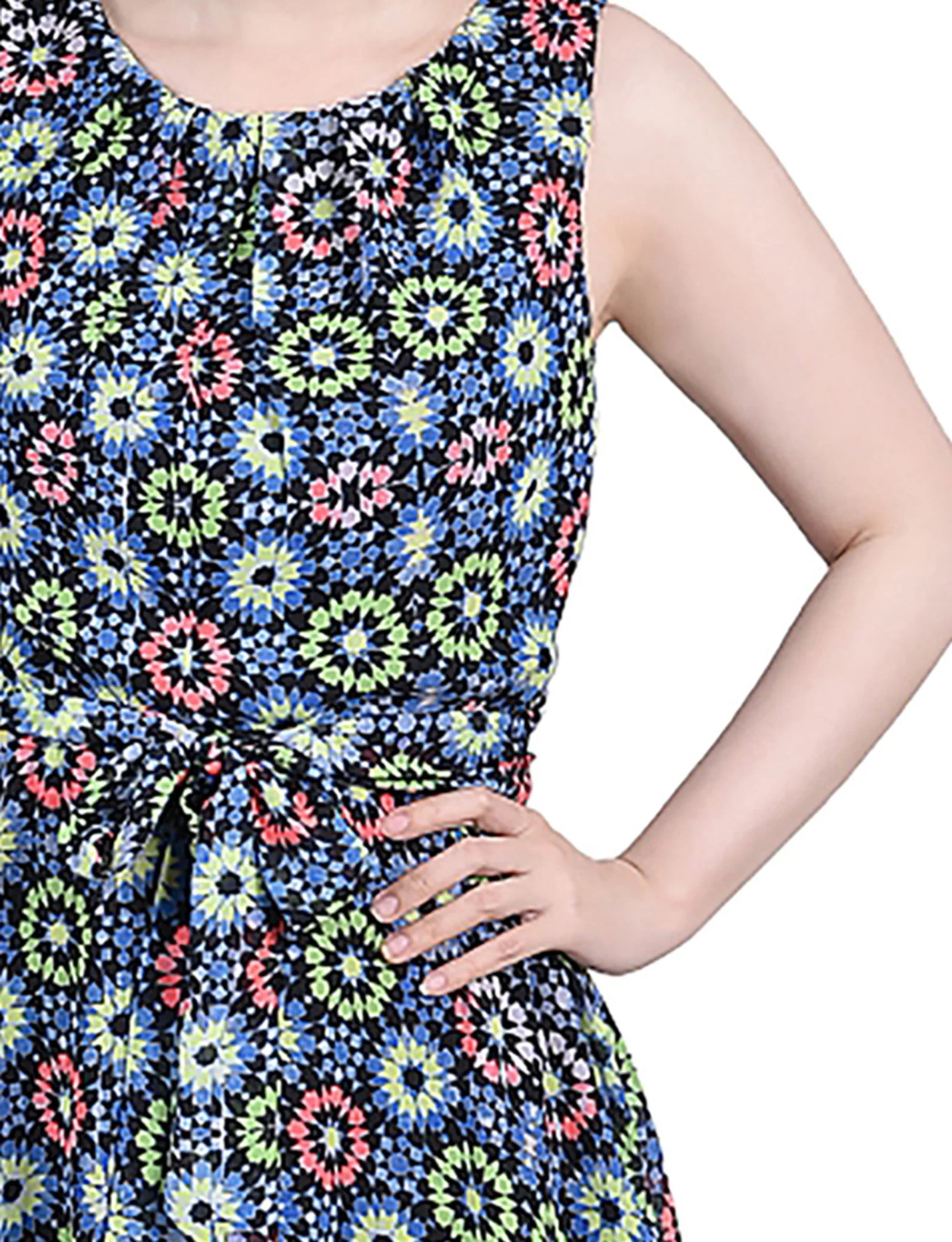 Geo Hippe Peasant Sleeveless Chiffon Belted Dress - Petite - Image 4
