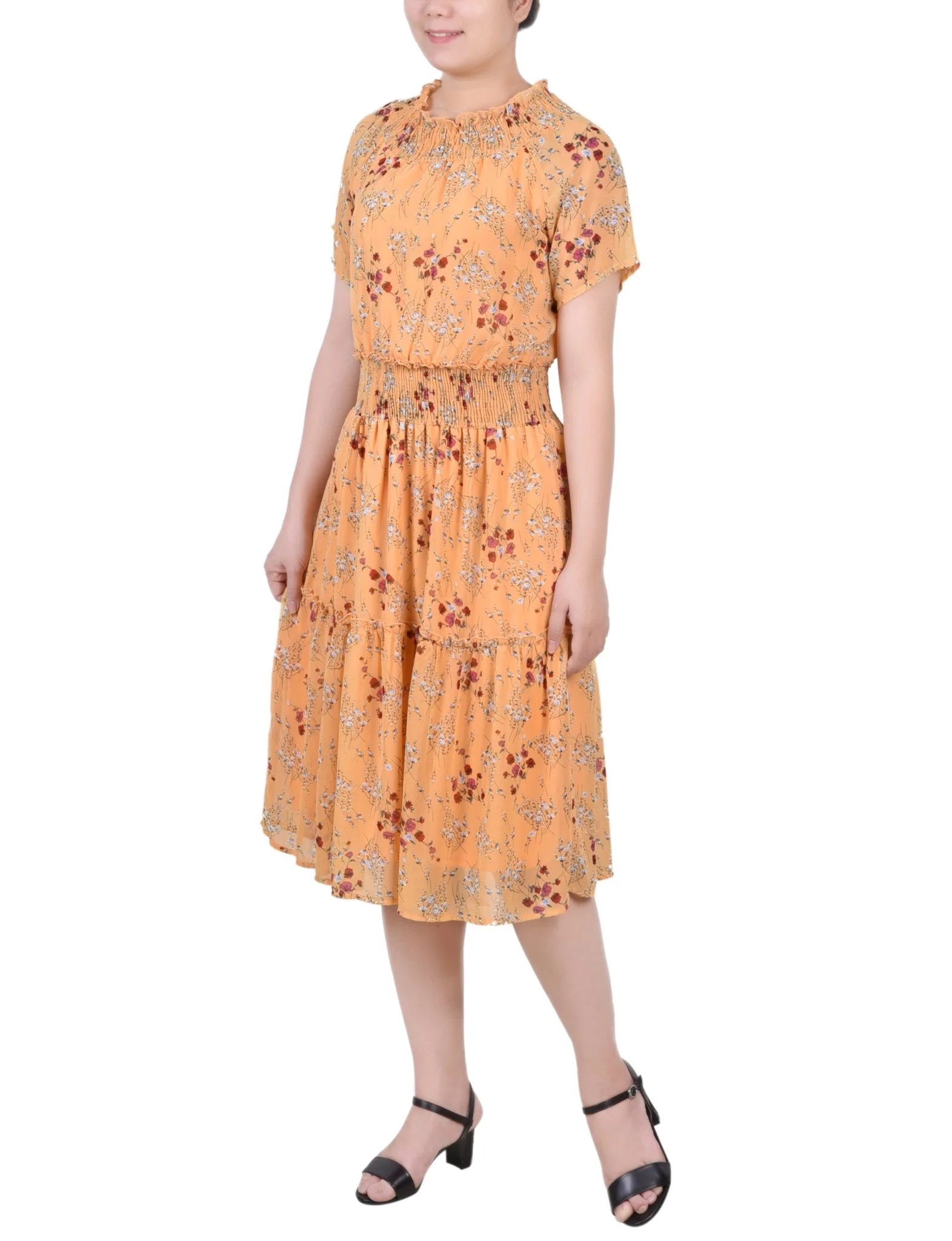 Gold Disty Floral Short Sleeve Smocked Waist Dress - Image 2