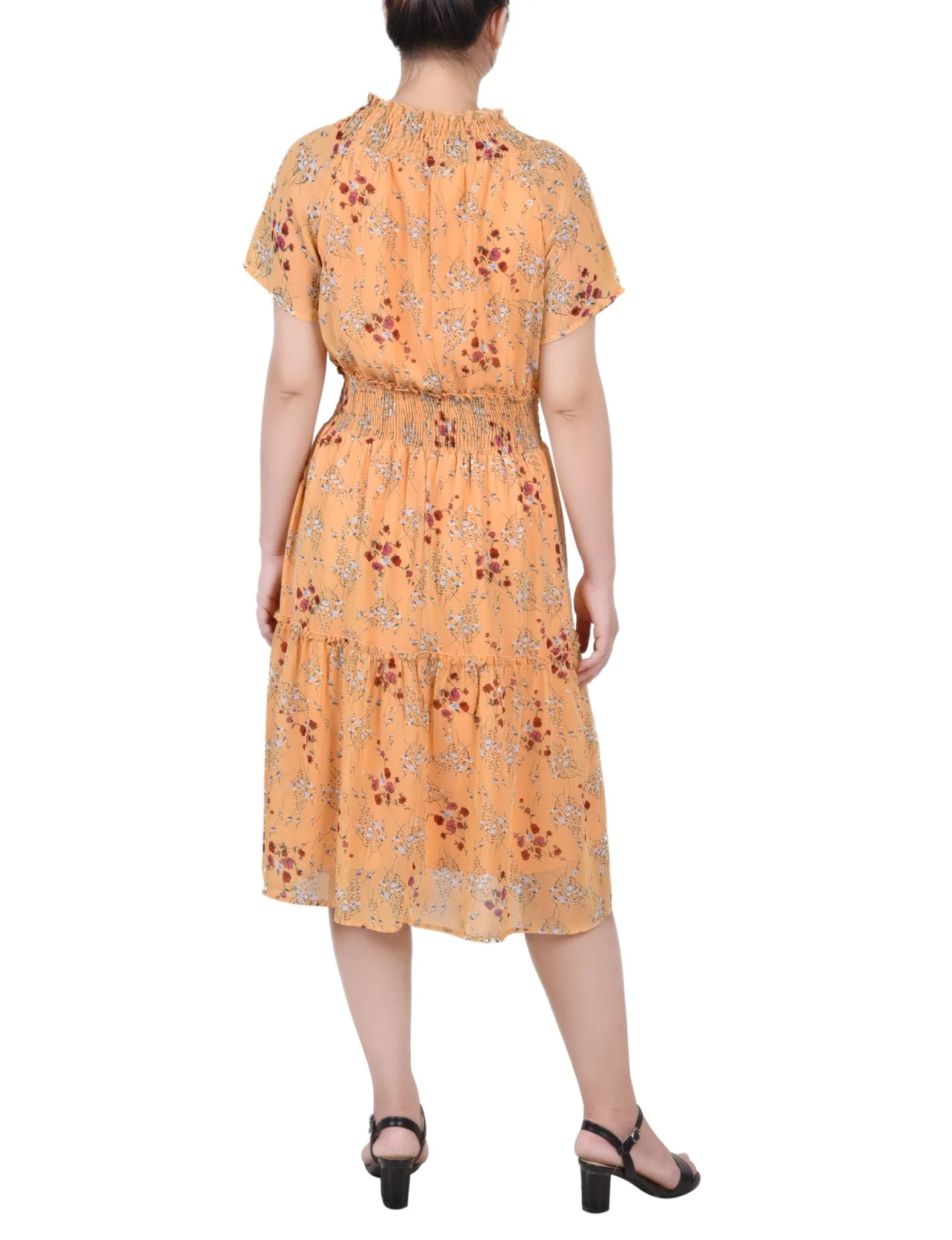 Gold Disty Floral Short Sleeve Smocked Waist Dress - Image 3