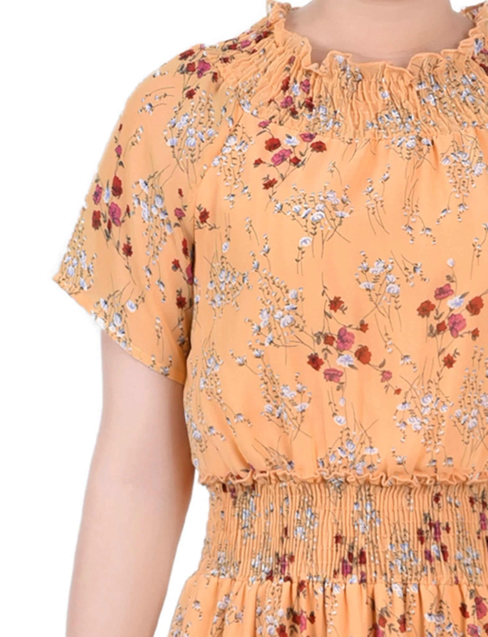 Gold Disty Floral Short Sleeve Smocked Waist Dress - Image 4
