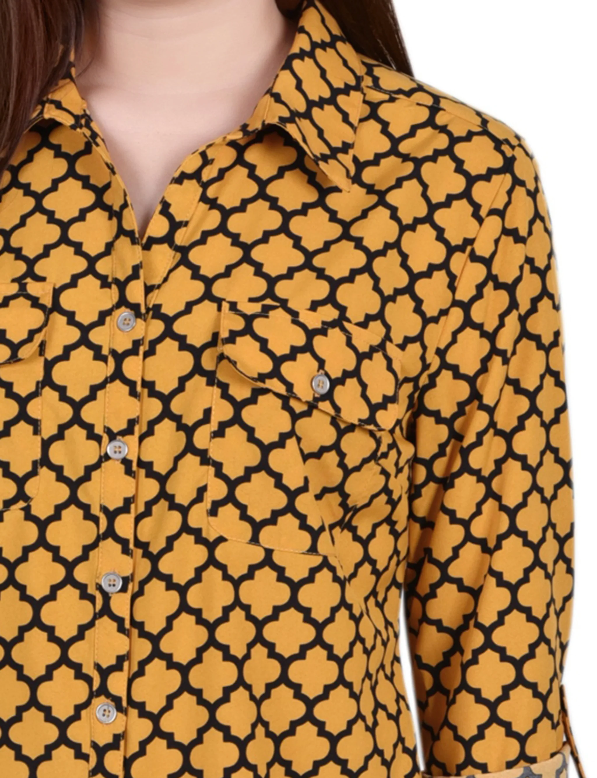 Golden Glow Black Fleur De Li 3/4 Roll Tab Blouse With Pockets - Petite - Image 3