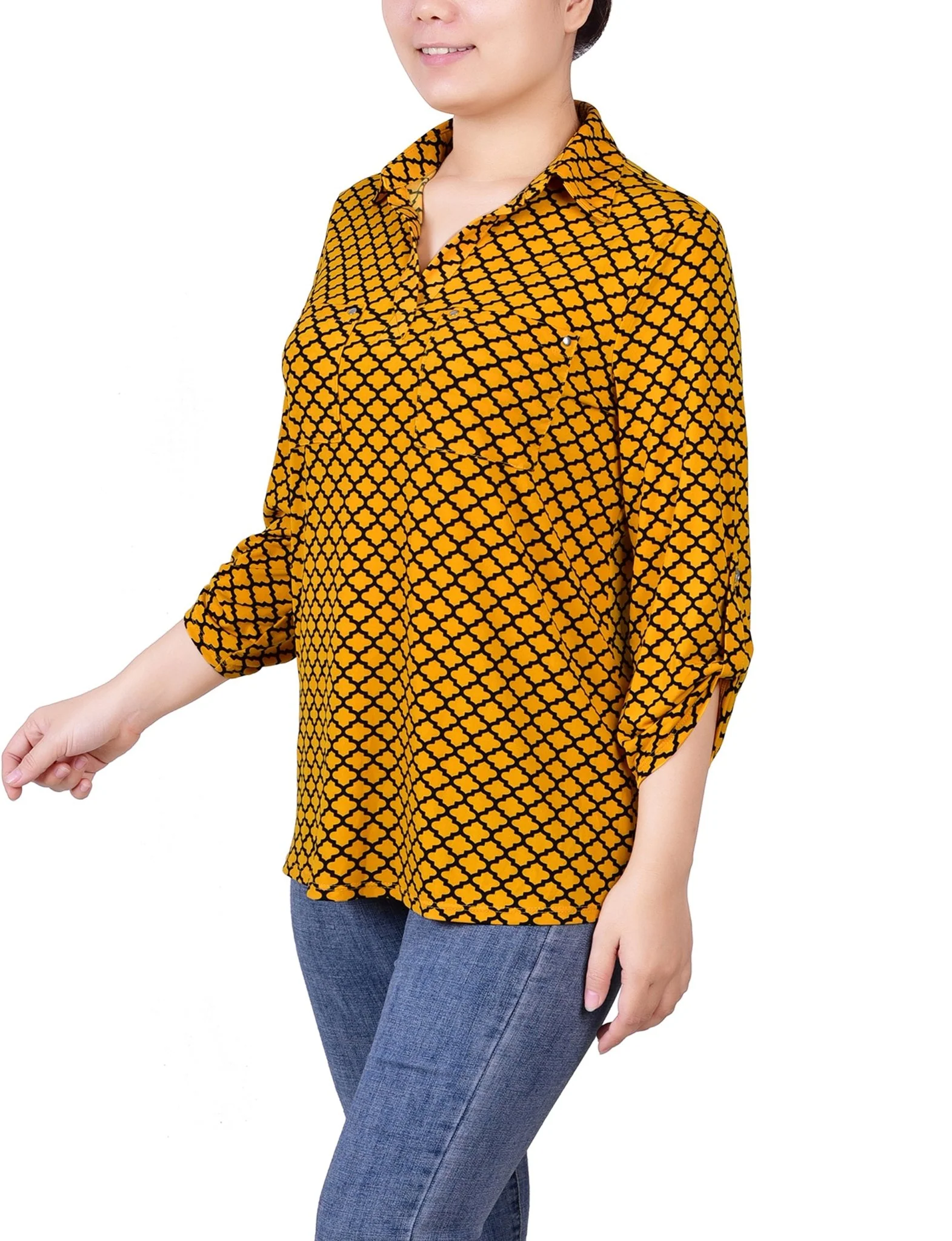 Golden Glow Black Fleur De Lis 3/4 Roll Tab Sleeve Studded Y Neck Top - Petite - Image 2