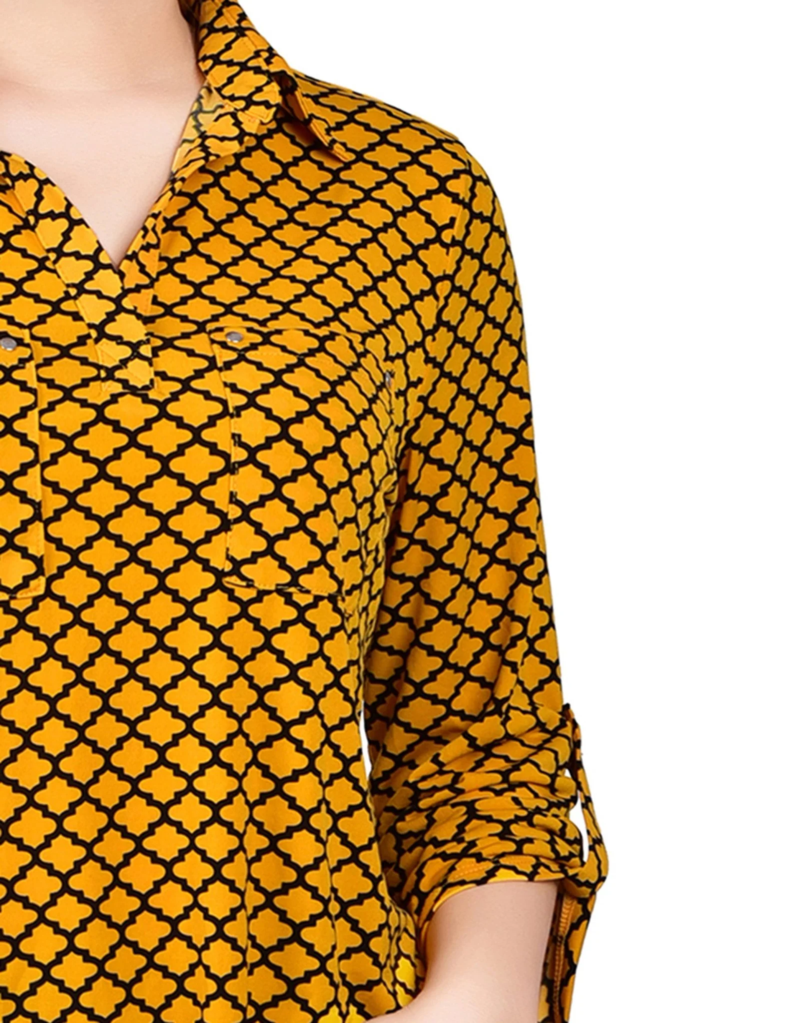 Golden Glow Black Fleur De Lis 3/4 Roll Tab Sleeve Studded Y Neck Top - Petite - Image 3