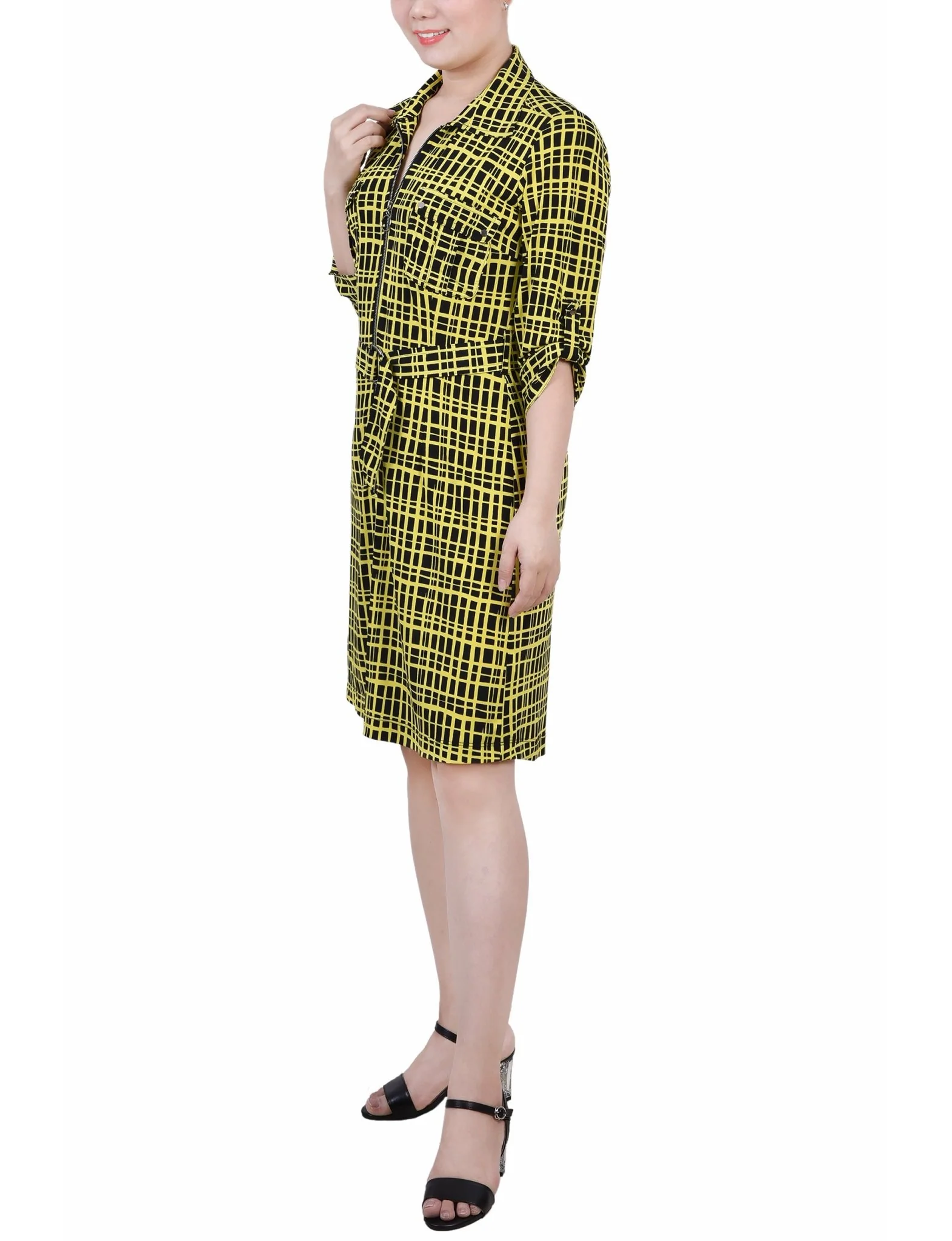 Golden Viewbox Belted Roll Tab Zip Front Shirtdress - Petite - Image 2