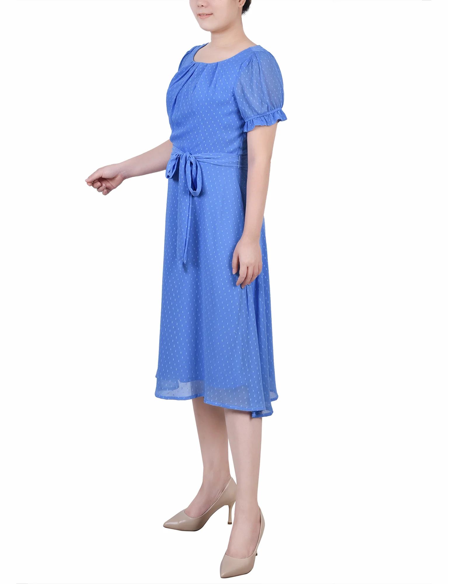 Granada Sky Short Sleeve Belted Swiss Dot Dress - Petite - Image 2