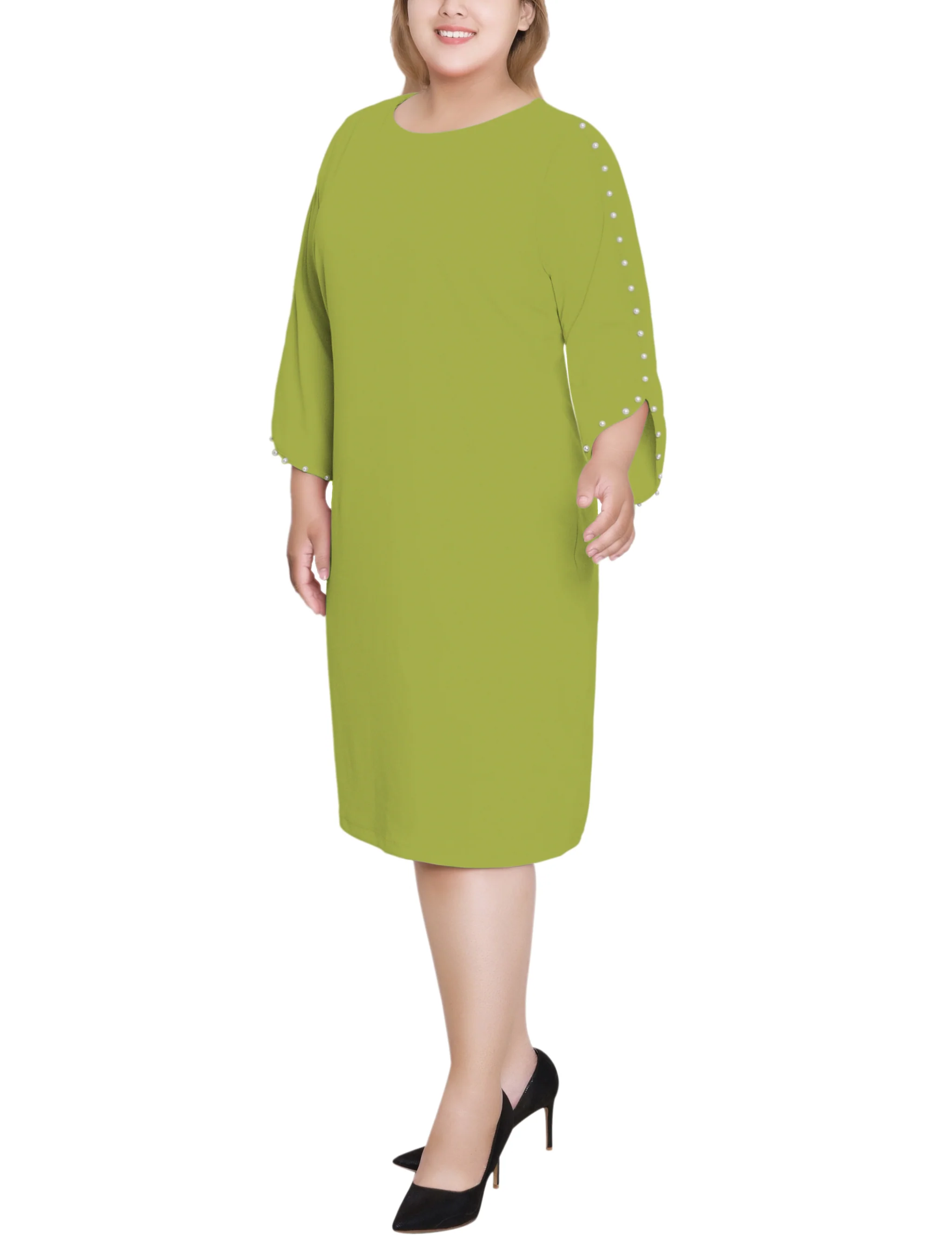 Green 3/4 Pearl-Detail Petal Sleeve Dress - Plus - Image 2