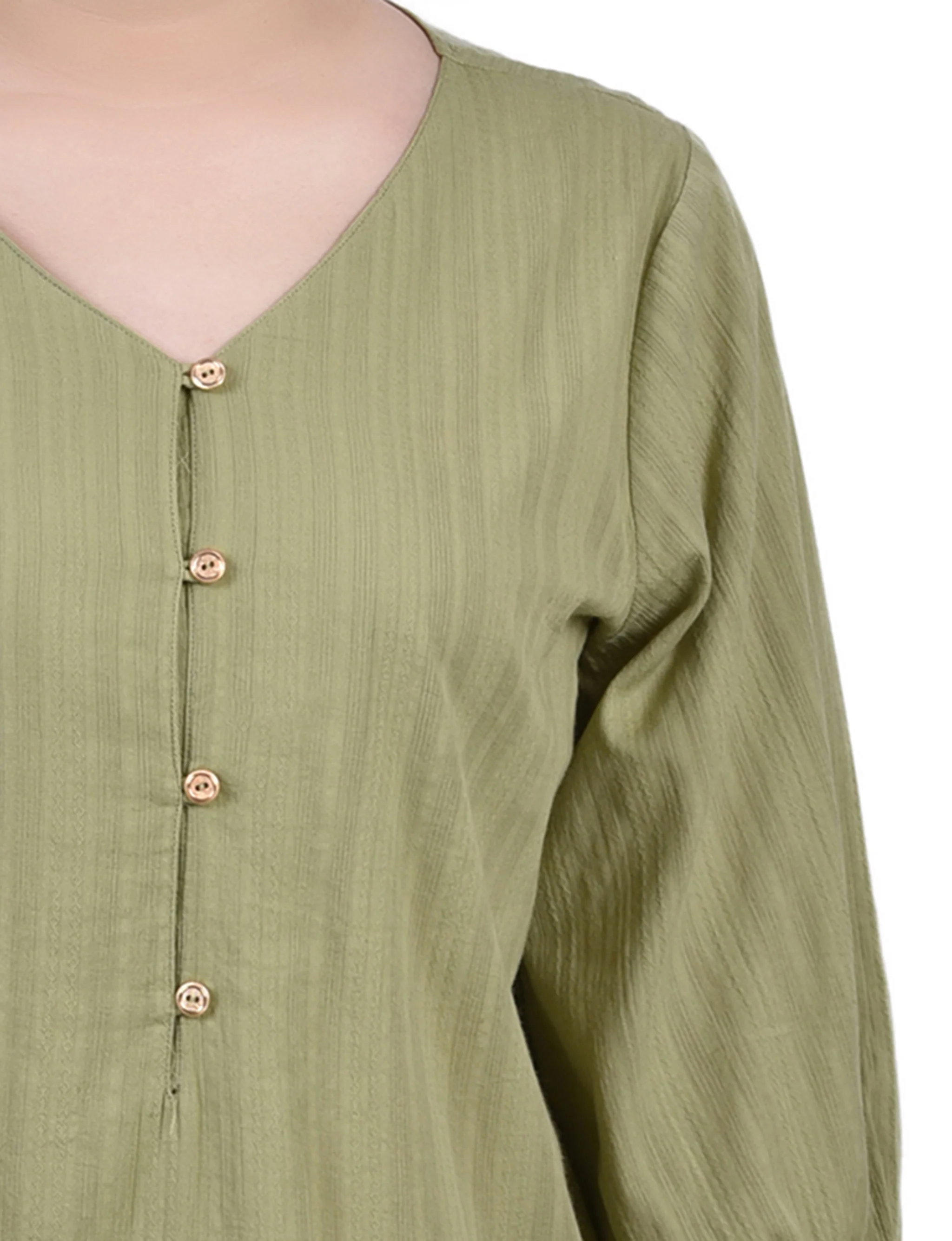 Green 3/4 Sleeve Button Placket Jacquard Blouse - Petite - Image 3